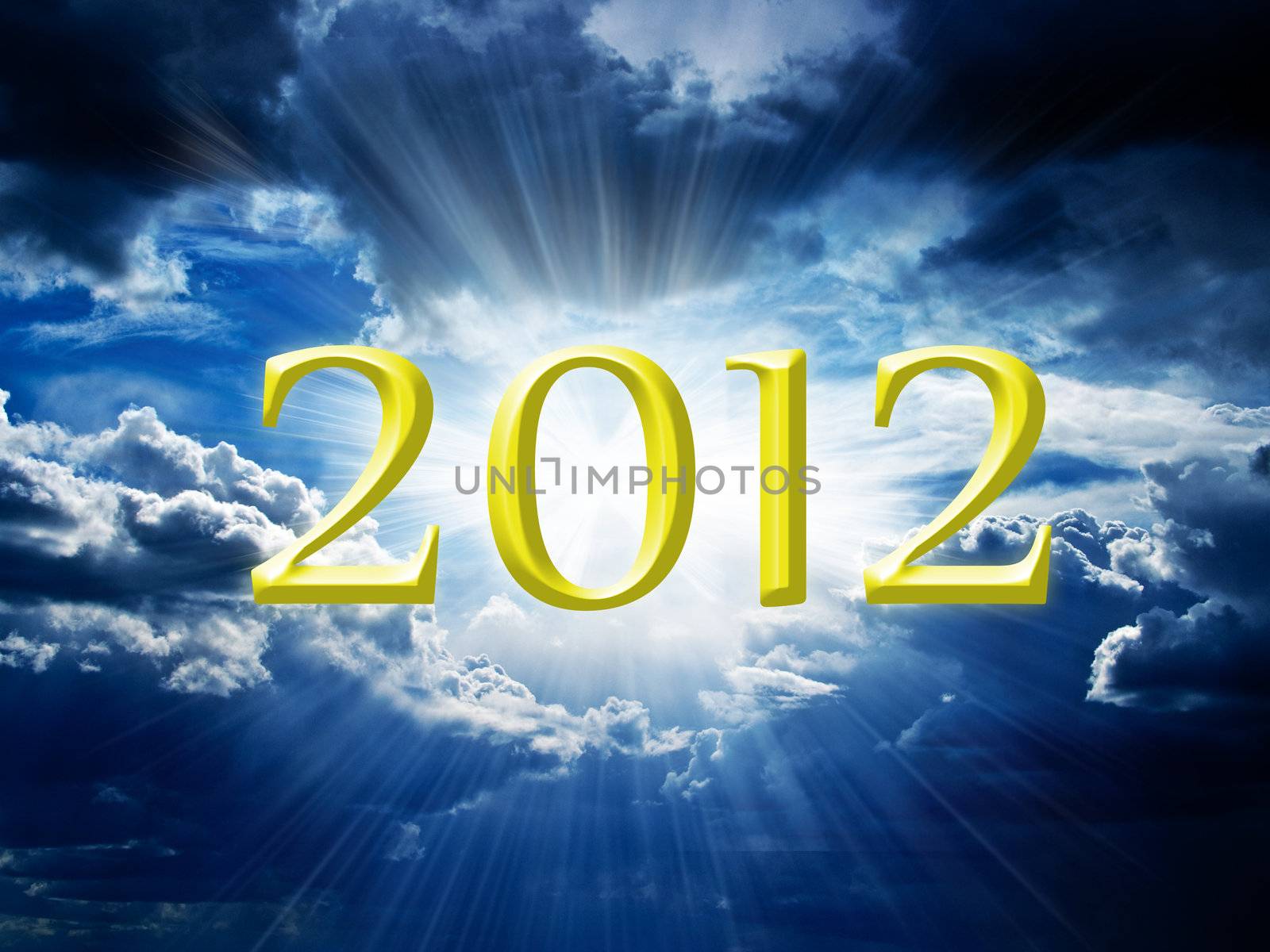 New Year's Eve against the dark sky and the sun's rays make their way through the dark clouds