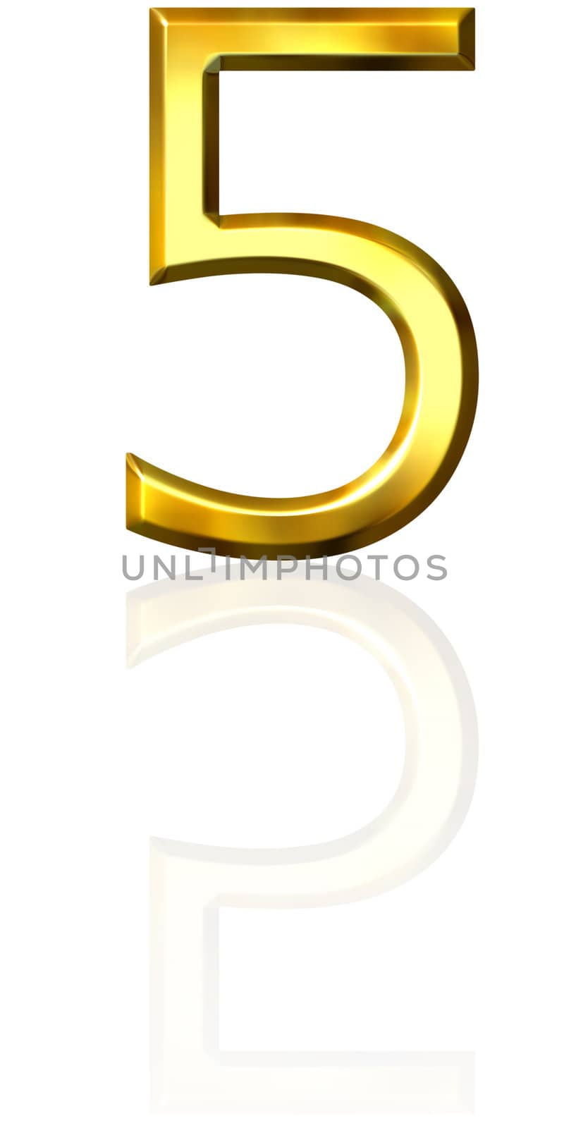 3d golden number 5 with reflection isolated in white