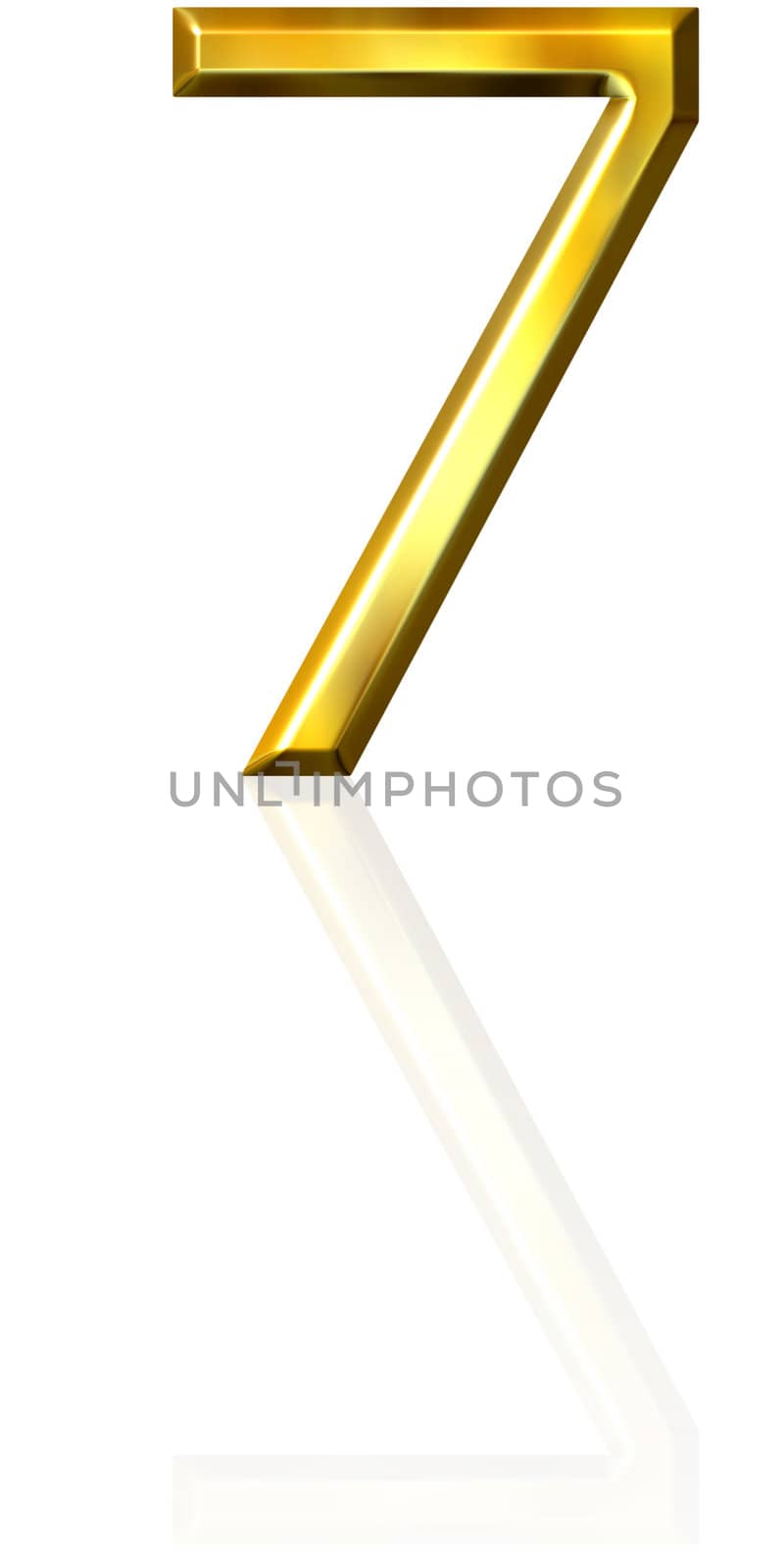 3d golden number 7 with reflection isolated in white
