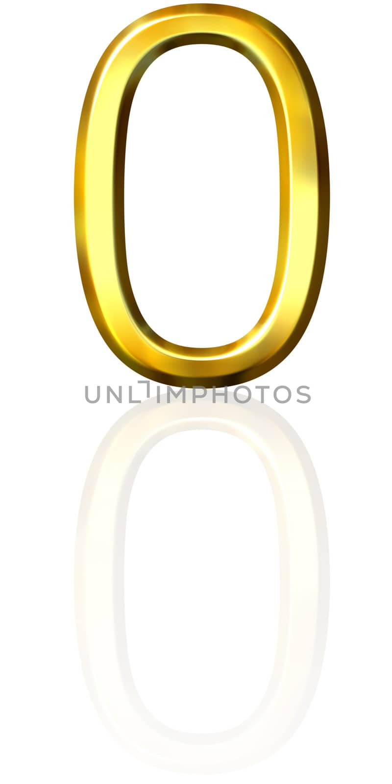 3d golden number 0 with reflection isolated in white