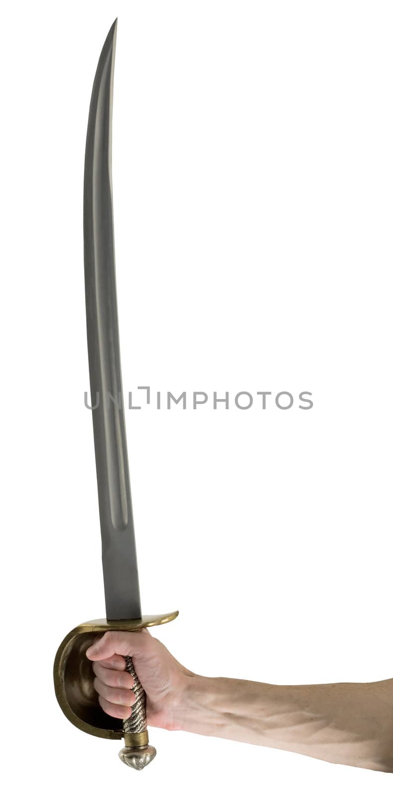 Ancient saber on male hand on the white background