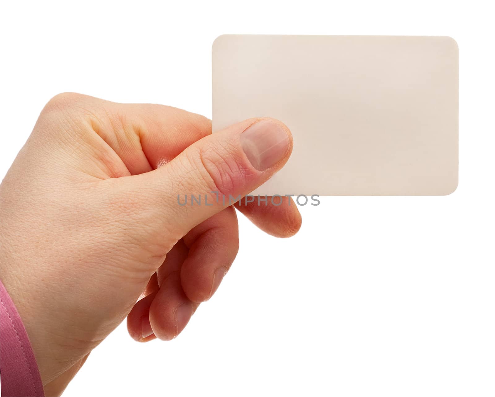 Hand with a business card isolated on white background