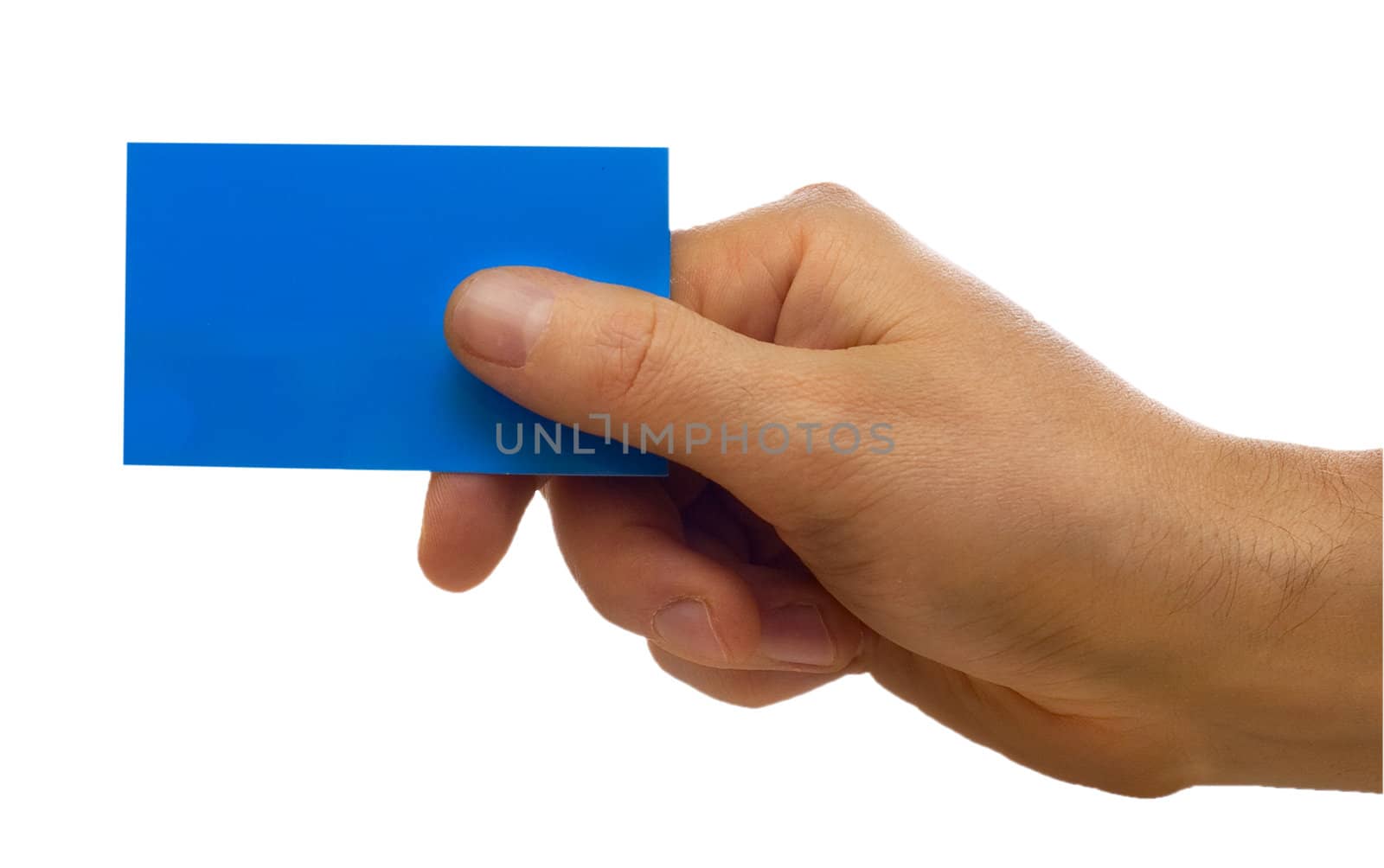 Hand with a business card isolated on white background