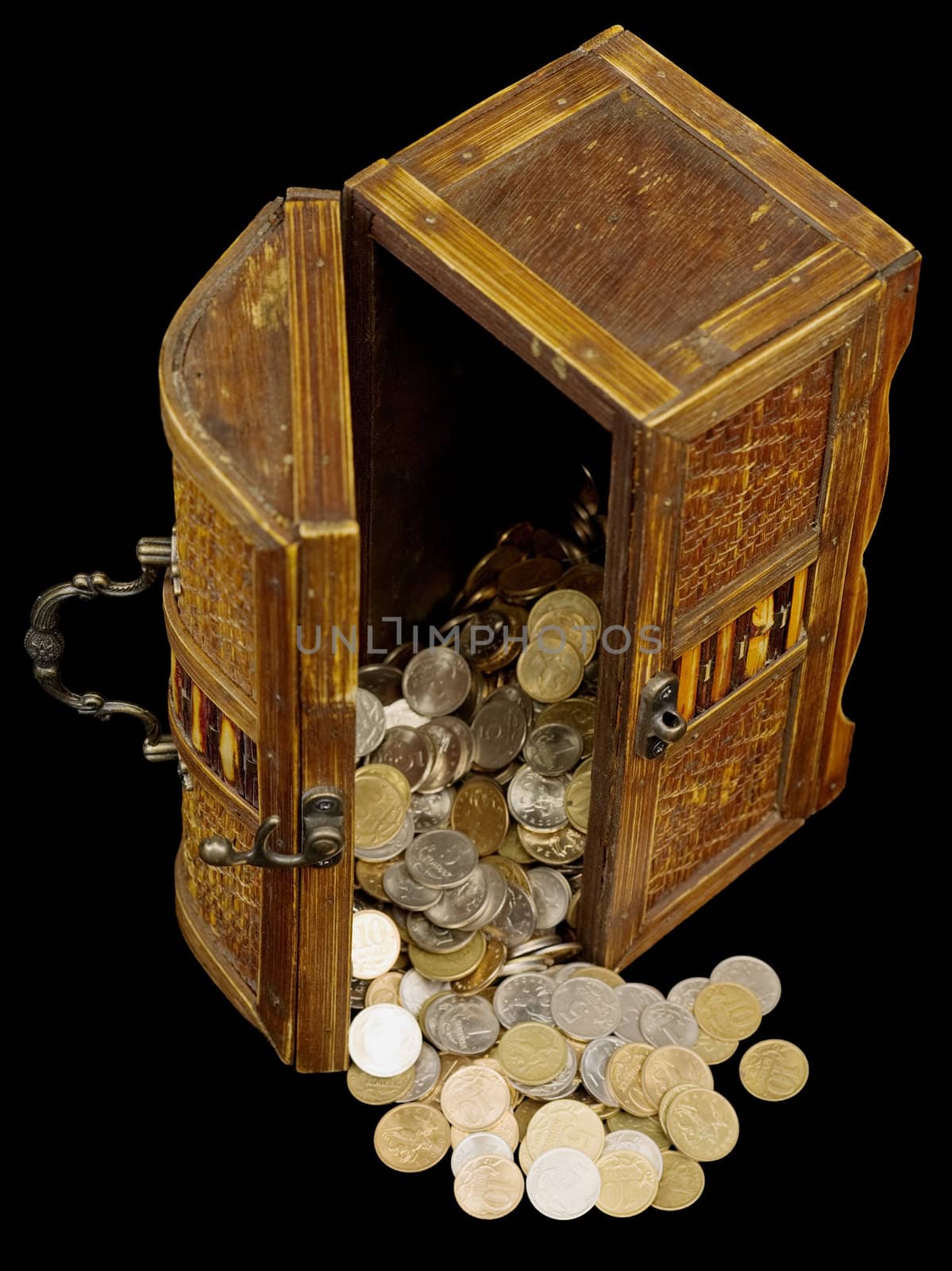 Ancient chest with Russian coins on black
