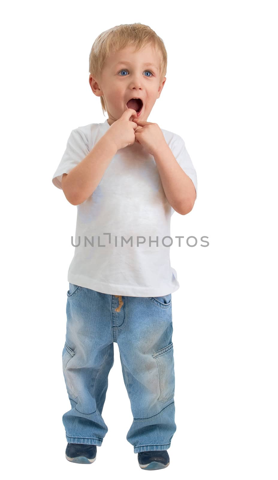 Wow! Boy of three years surprised. Isolated on whaite background