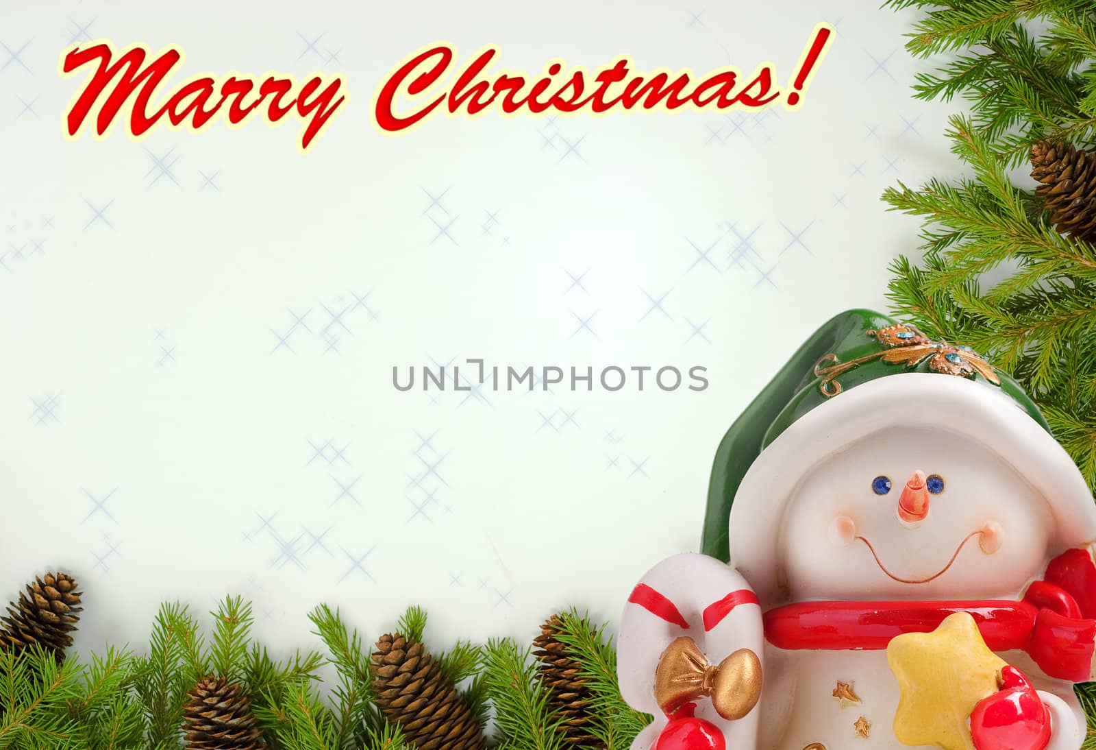 Christmas card for congratulations. Jolly Snowman and green branches of pine cones for a merry holiday