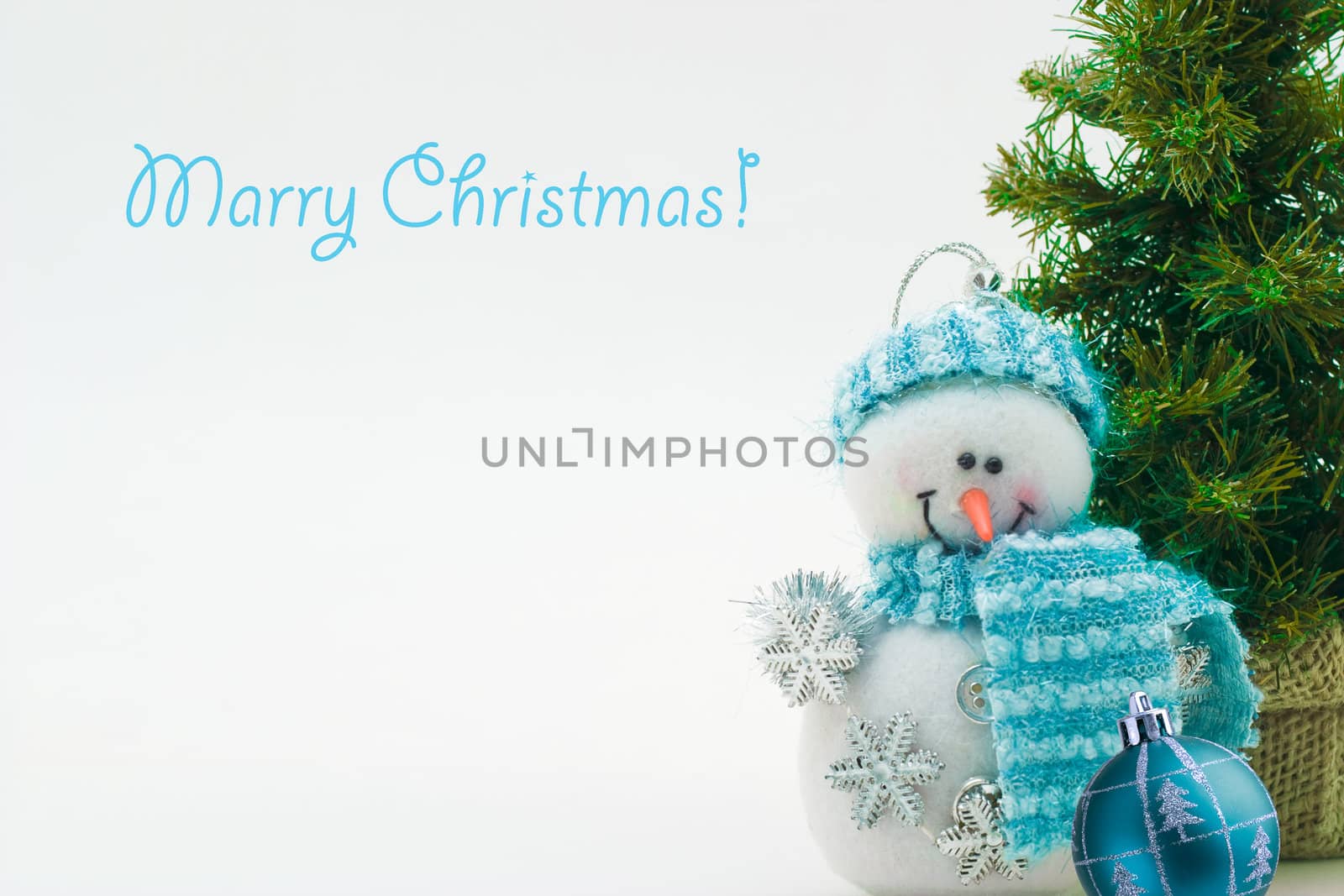 Christmas card for congratulations. Jolly Snowman and a green tree for a merry holiday.