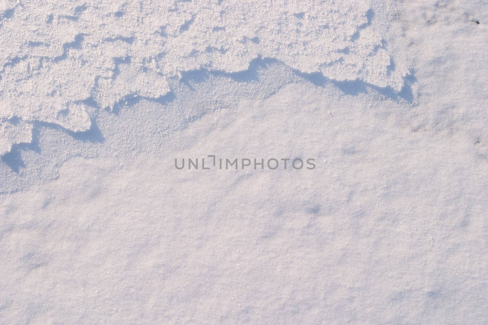 Texture of the snow. Thin snow crust on the surface of the frozen lake. Natural sunlight emphasizes texture. Pattern # 5
