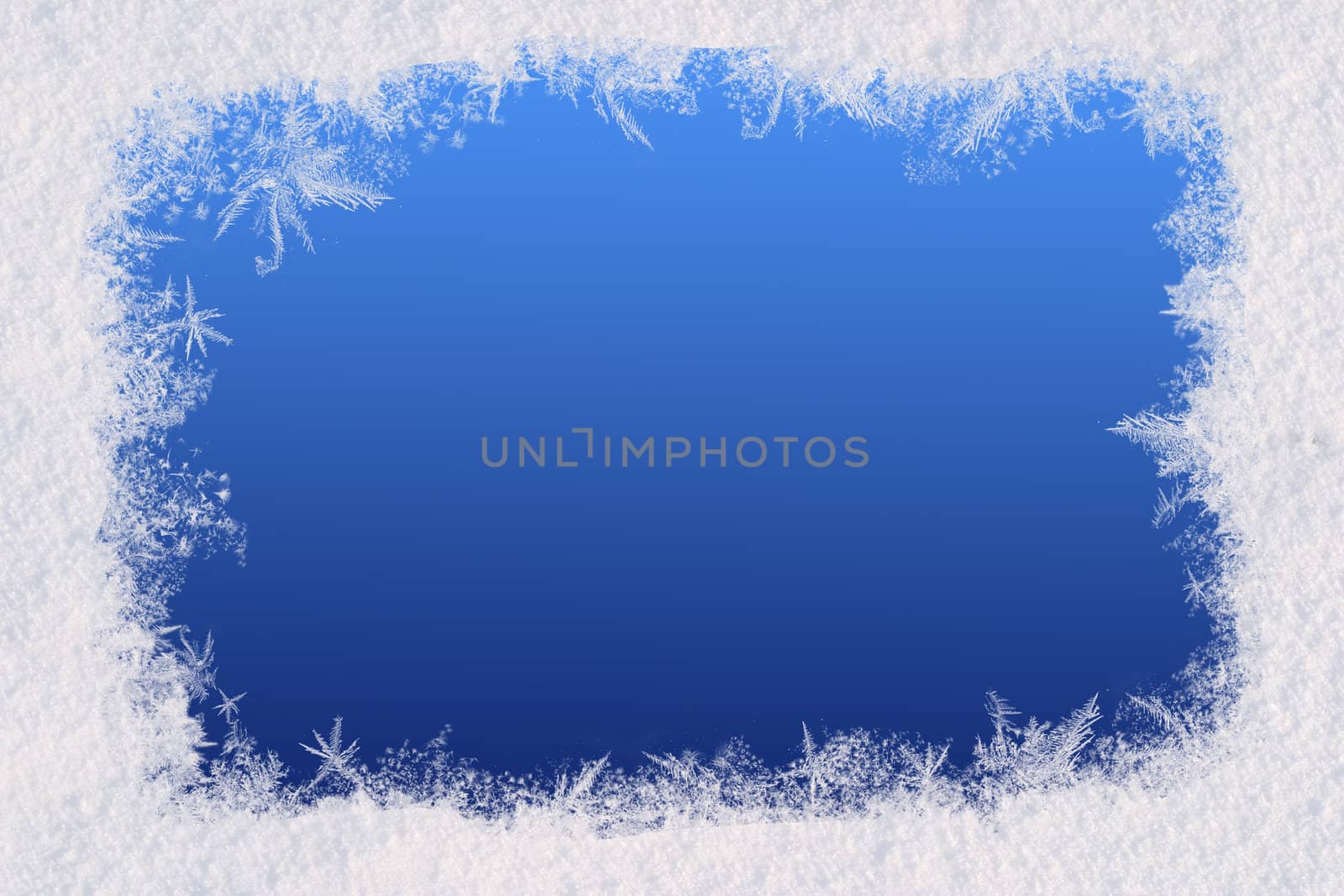 Winter frame for the congratulations. The blue background and natural snow. Space for text