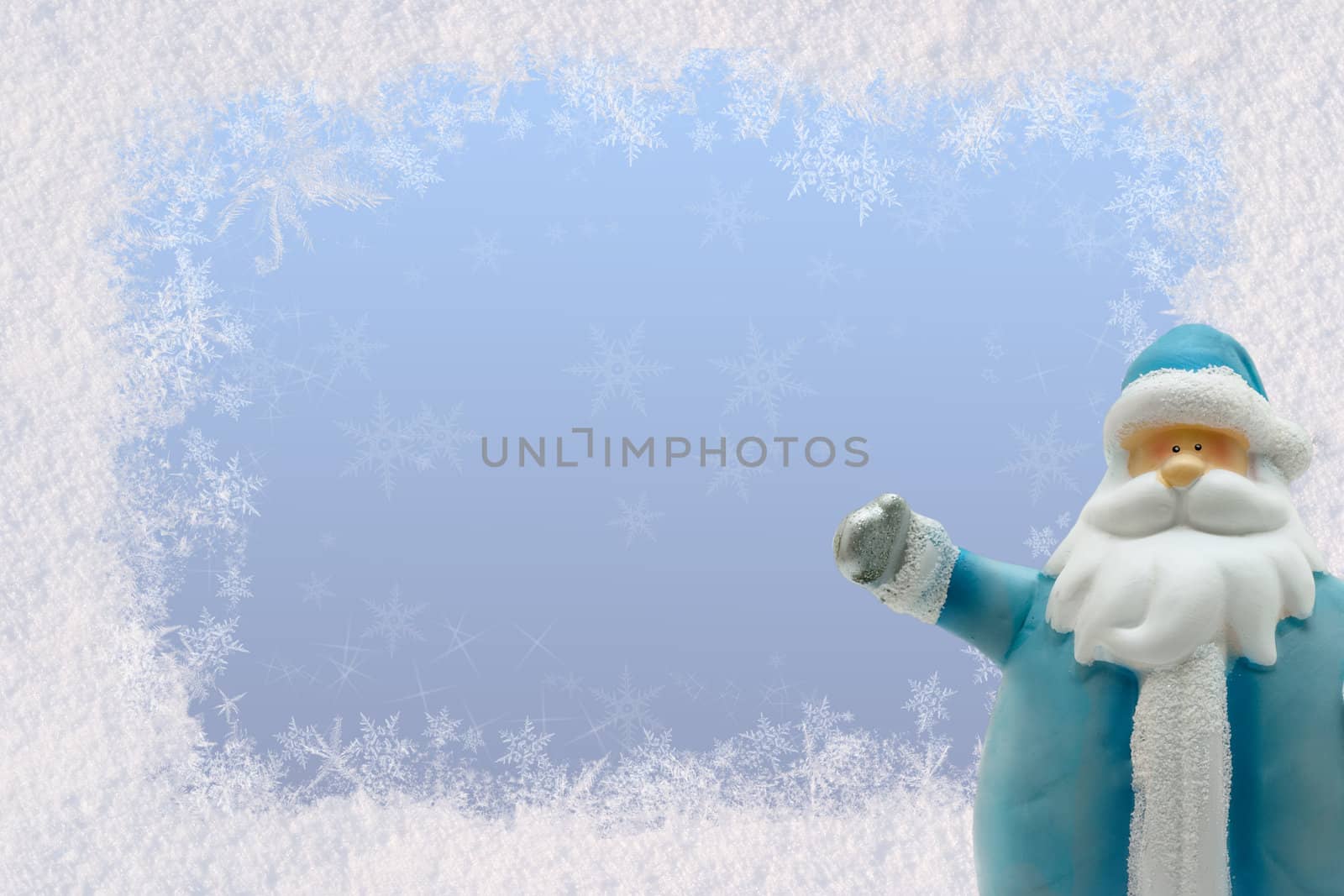 Postcard greetings for the New Year with snow and Santa Claus. Space for text