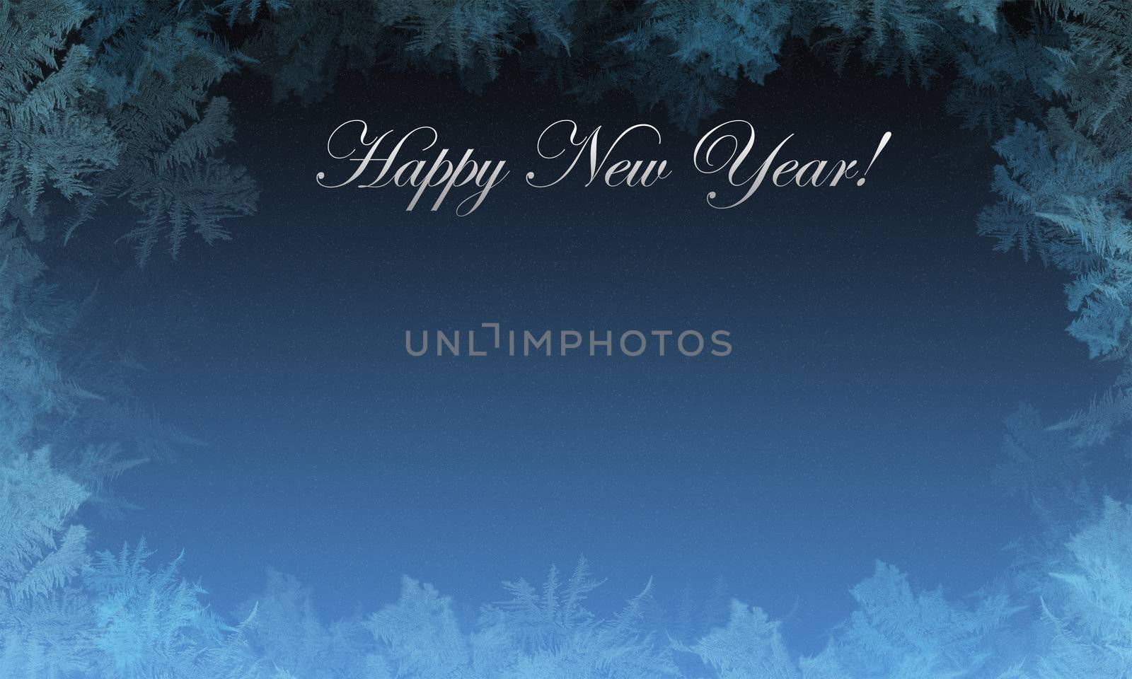 Winter background for a Happy New Year. In the center of the gradient colors of the sky with a faint snowflakes, as the framework for the edges of frost patterns. Space for text
