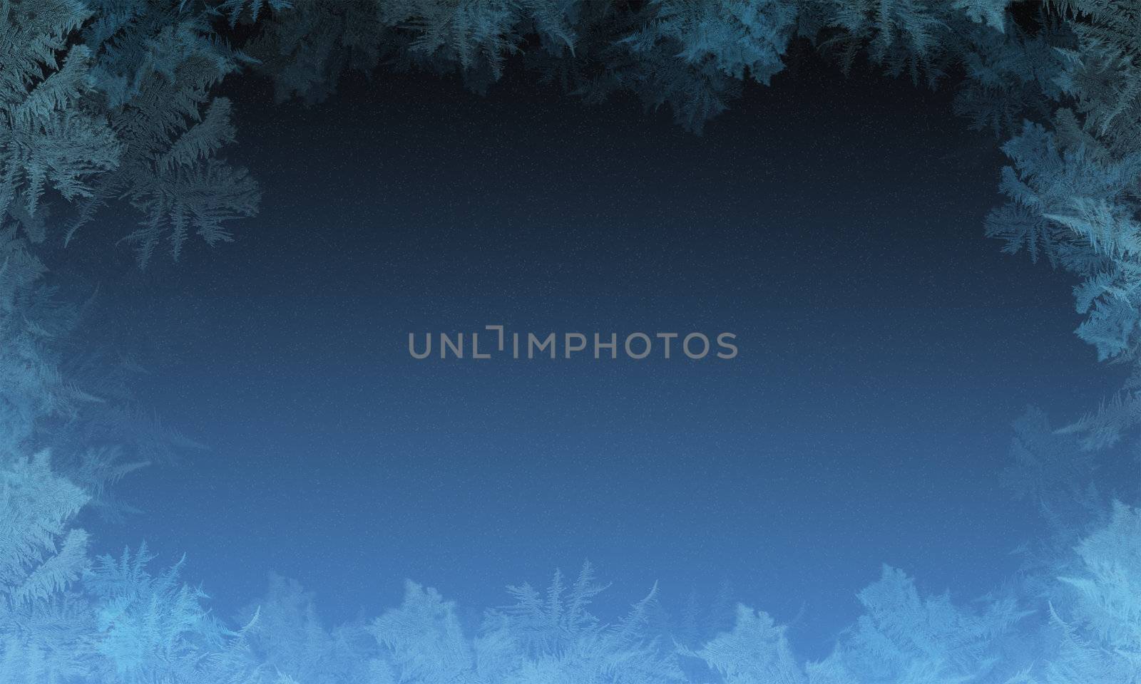 Winter background for the congratulations. In the center of the gradient colors of the sky with a faint snowflakes, as the framework for the edges of frost patterns. Space for text