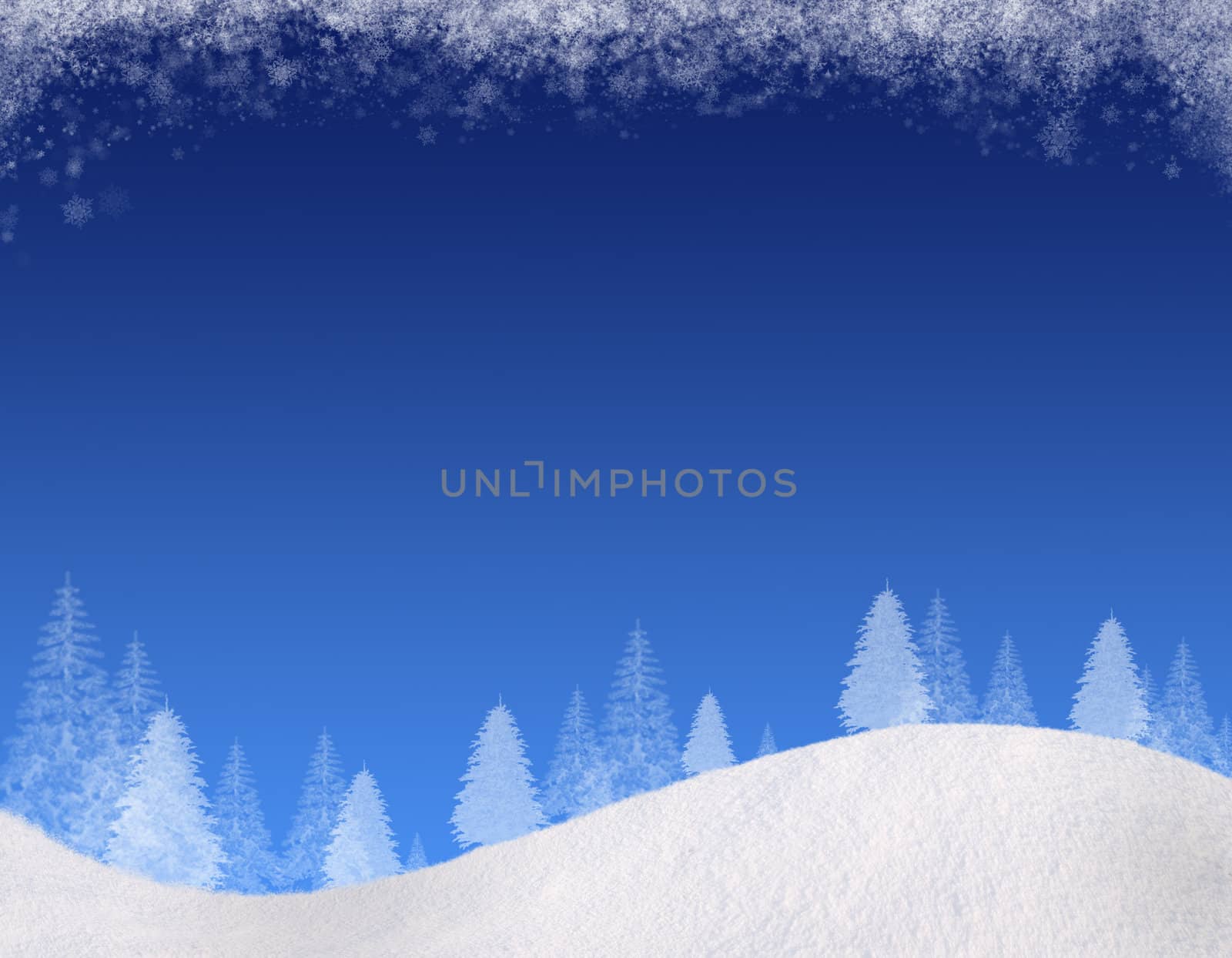 Winter Christmas background. In the lower part of the snow-covered hills with silhouettes of spruce trees. At the top of the clouds of snow flakes. Gradient colors of the sky: from blue to a rich blue. Square composition, for this background there is a horizontal composition, please see my portfolio.
