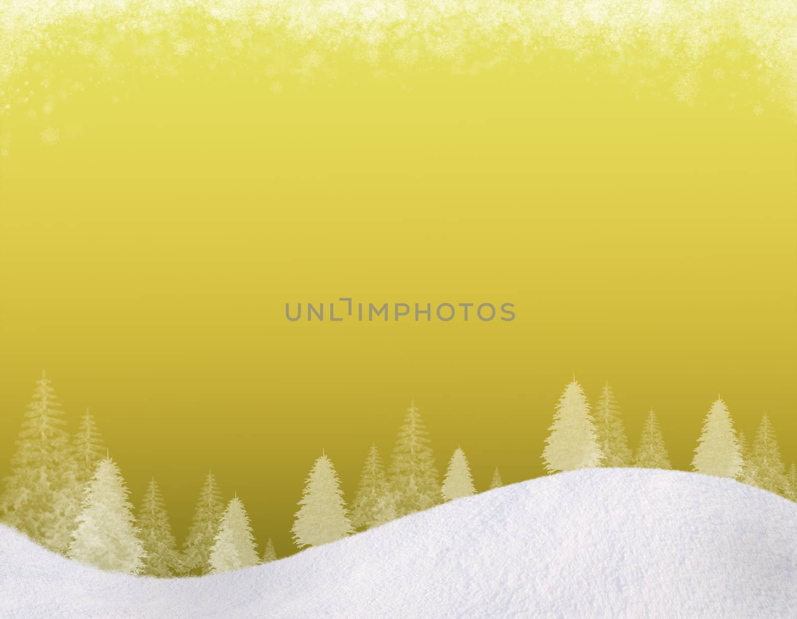 Winter Christmas background. In the lower part of the snow-covered hills with silhouettes of spruce trees. At the top of the clouds of snow flakes. The gradient of the warm golden colors. Square composition, for this background there is a horizontal composition, please see my portfolio.