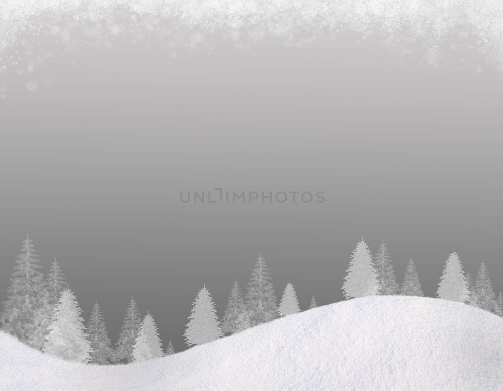 Winter Christmas background. In the lower part of the snow-covered hills with silhouettes of spruce trees. At the top of the clouds of snow flakes. Gradient of the cold gray colors. Square composition, for this background there is a horizontal composition, please see my portfolio.