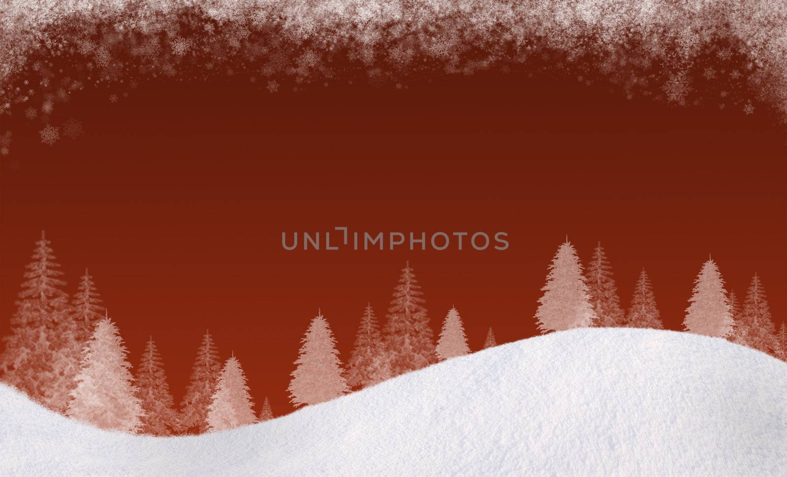 Winter Christmas background. In the lower part of the snow-covered hills with silhouettes of spruce trees. At the top of the clouds of snow flakes. Gradient of the dark maroon colors. Horizontal composition, for the background is a square track, please see my portfolio.