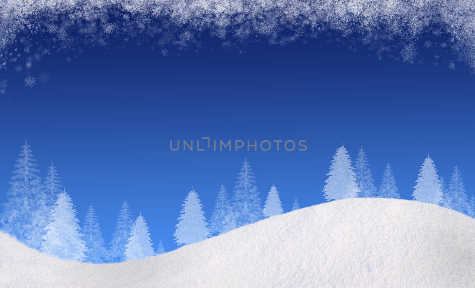 Winter Christmas background. In the lower part of the snow-covered hills with silhouettes of spruce trees. At the top of the clouds of snow flakes. Gradient colors of the sky: from blue to a rich blue. Horizontal composition, for the background is a square track, please see my portfolio.