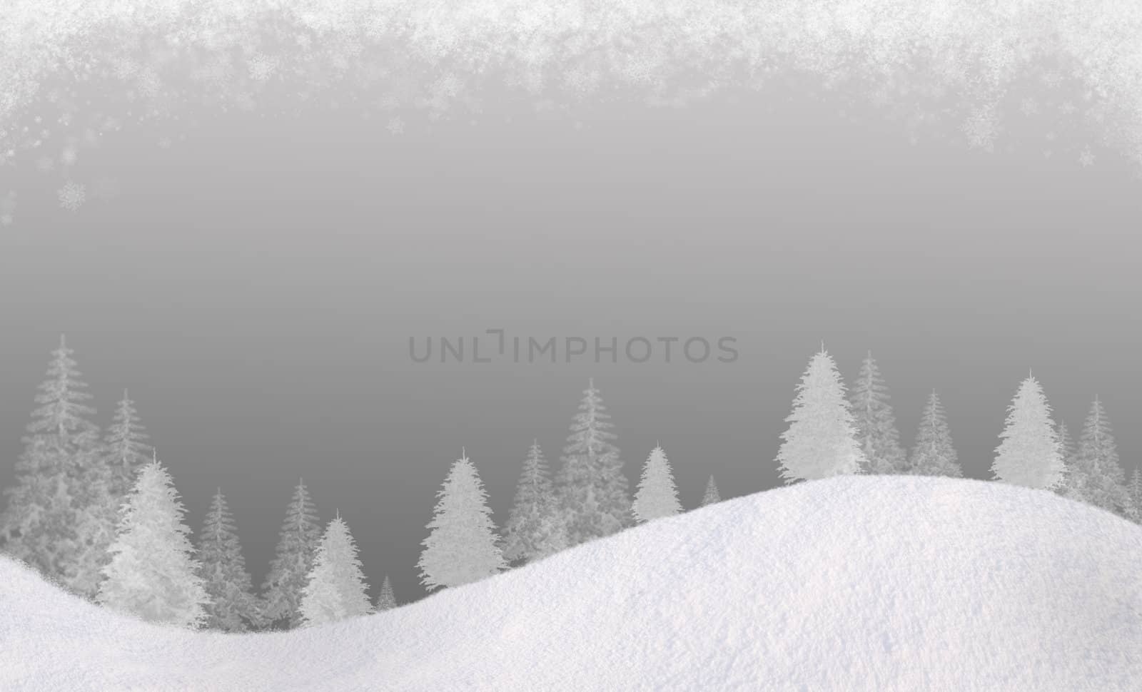 Winter Christmas background. In the lower part of the snow-covered hills with silhouettes of spruce trees. At the top of the clouds of snow flakes. Gradient of the cold gray colors. Horizontal composition, for the background is a square track, please see my portfolio.