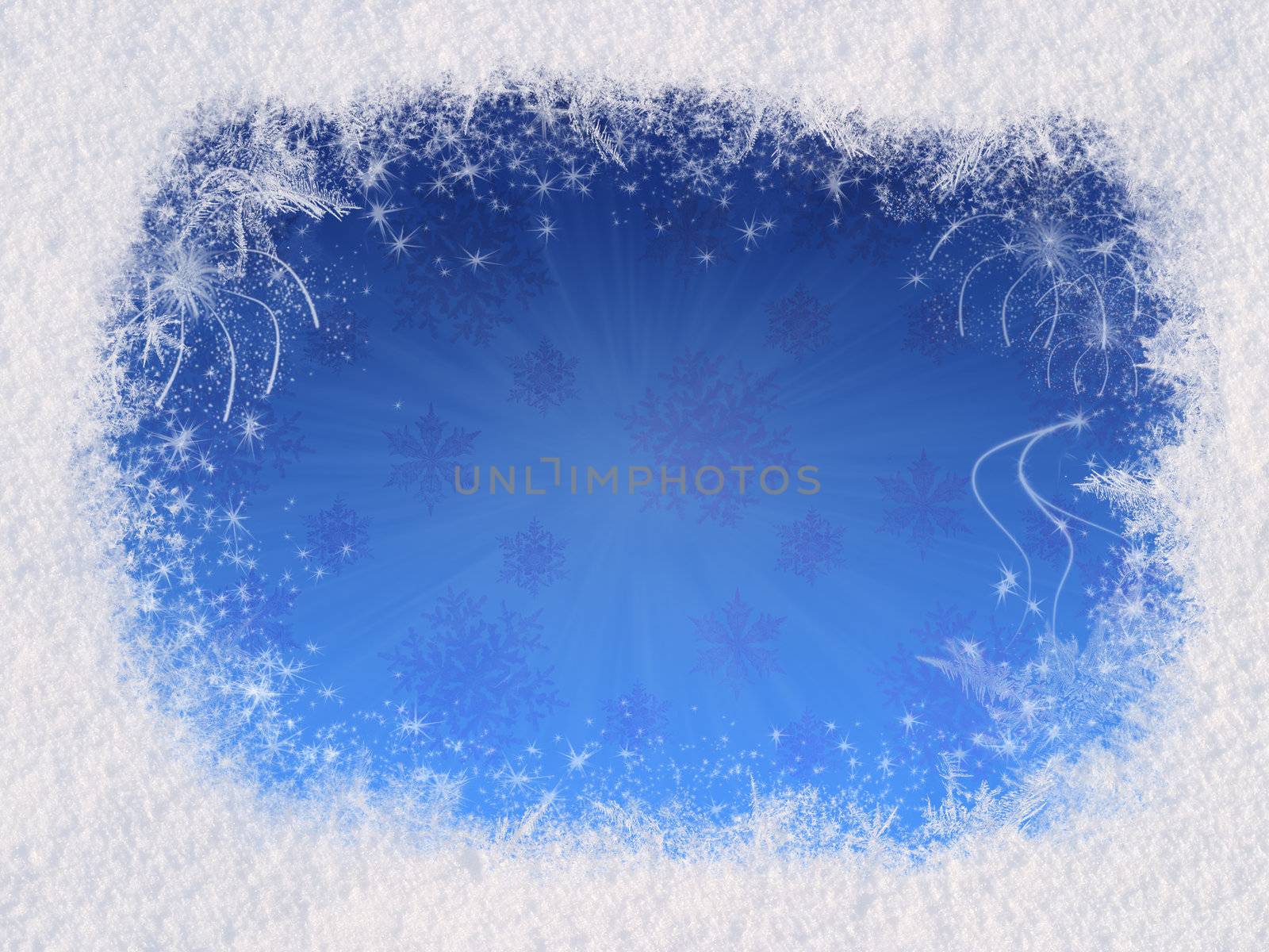 Winter magic frame consists of snow on the edges, the gradient of the sky in the center. Magic Christmas mood reinforce sparkling snowflakes and fireworks