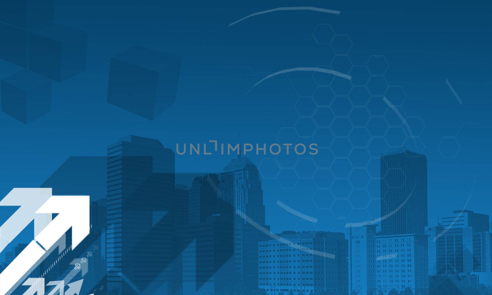Business background in blue with arrows and urban buildings