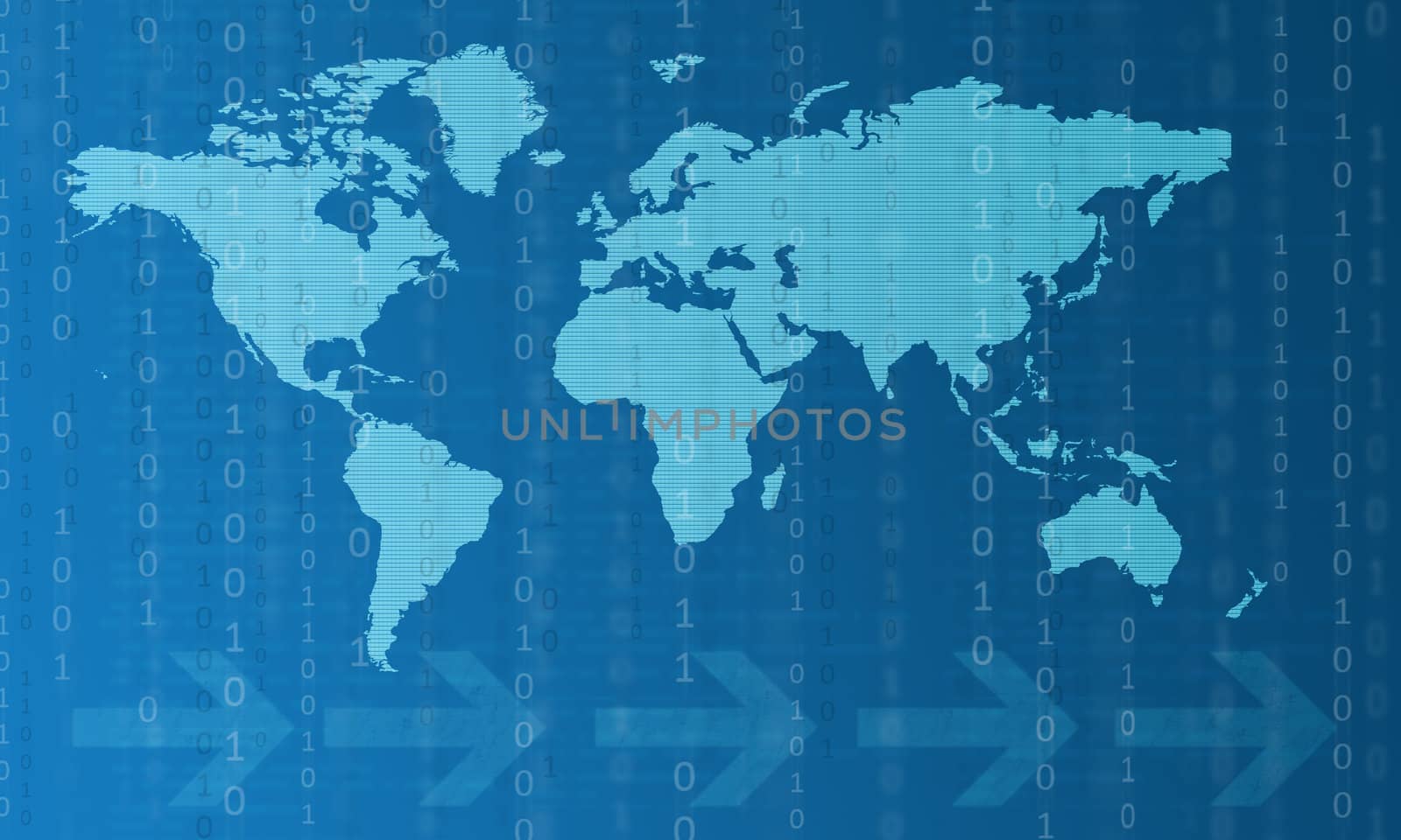 Concept of new digital communication technologies that reduce the distance. Business background in blue with arrows and a map of the world