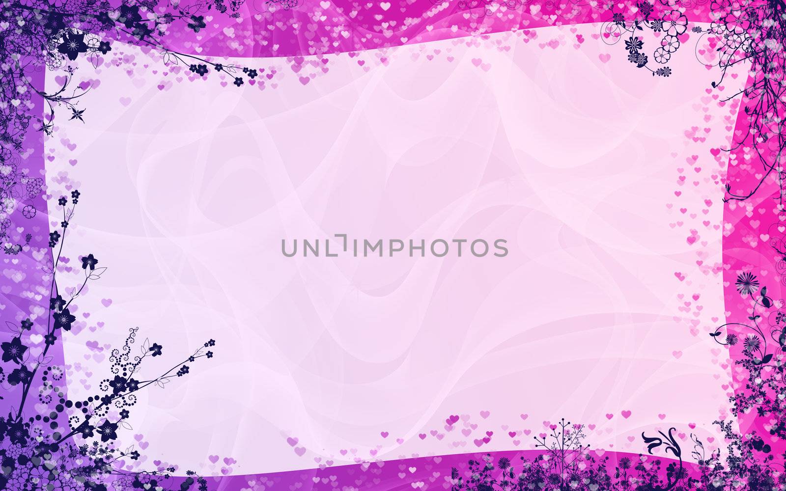 Background for congratulations. Colors from light purple to pink, against the backdrop of smooth waves, the edges of the ornament of blooming flowers and a lot of hearts as the petals of flowers