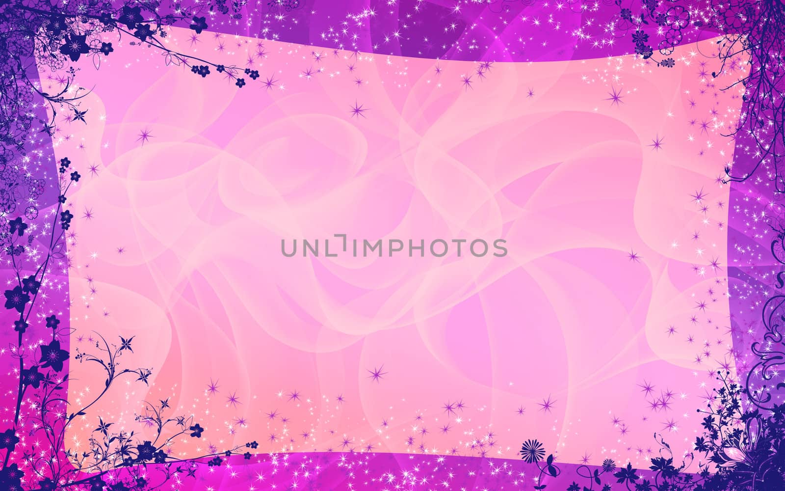 Background for congratulations. Colors from light purple to pink, against the backdrop of smooth waves, the edges of the ornament of blooming flowers and lots of shining stars