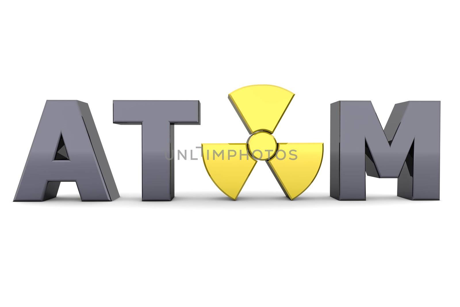 shiny black word ATOM - a shiny yellow nuclear sign is replacing the letter A