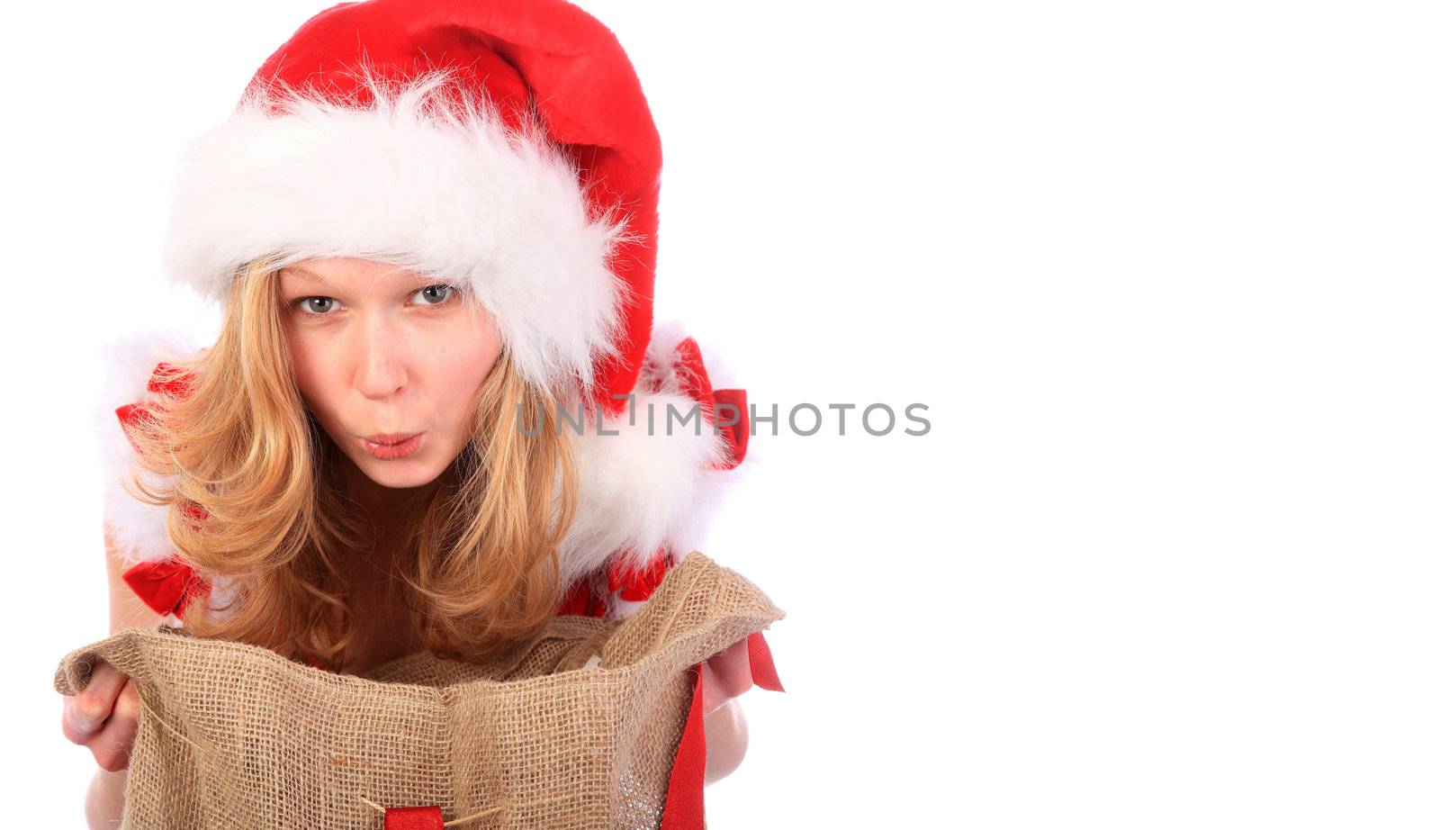 Amazed Miss Santa with Christmas Bag - White Space on the Right by PixBox