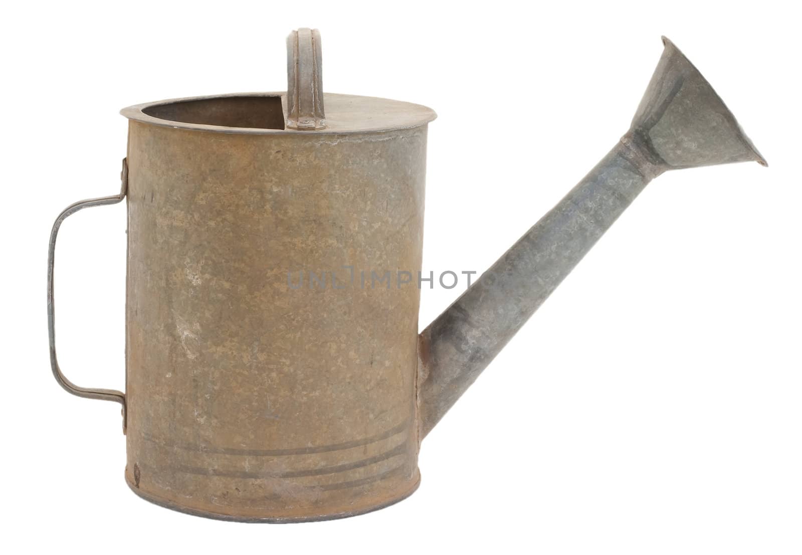 Old metal watering can, a classic design. Isolated on a white background