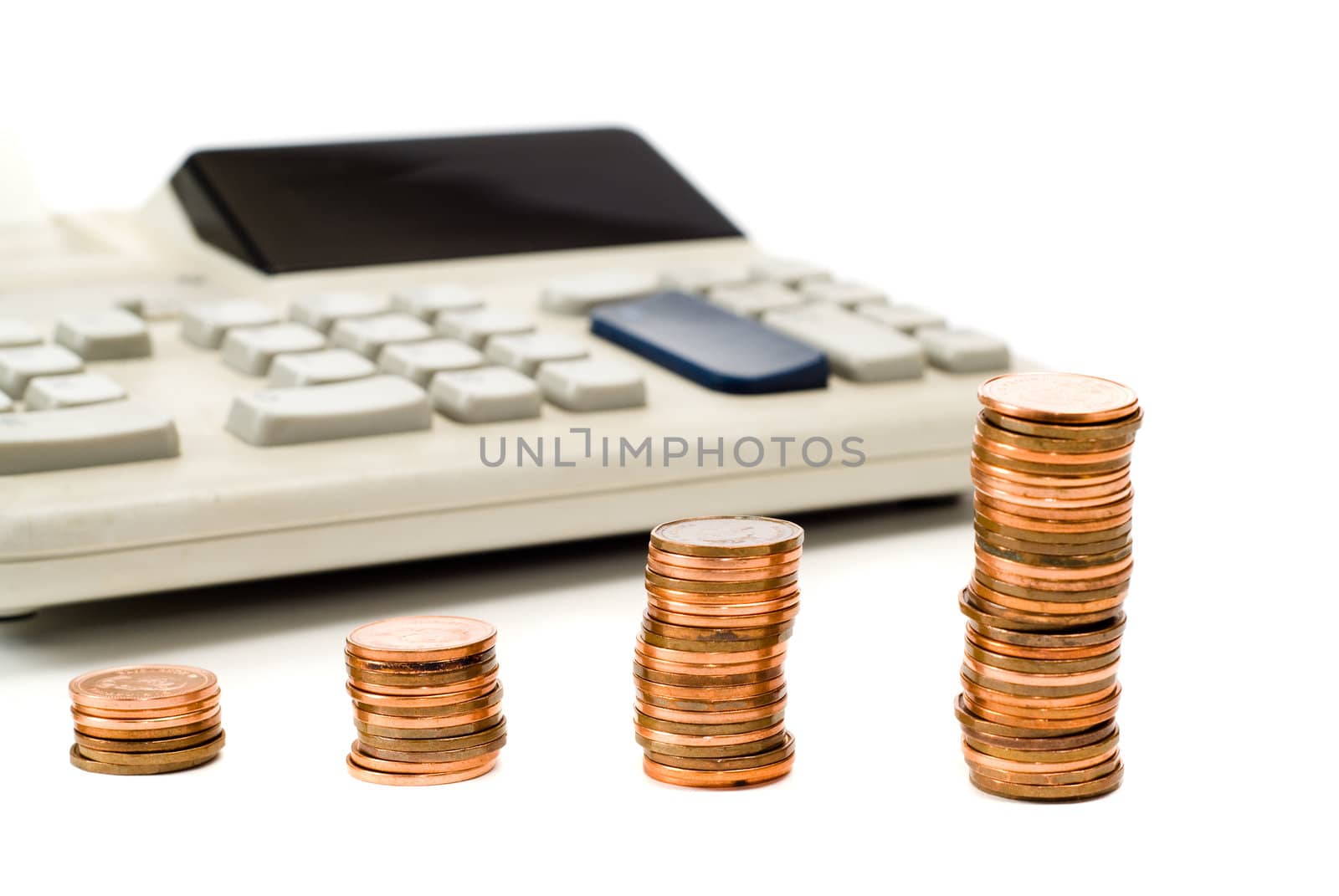 Concept image of government taxes using stacks of money and a calculator, shot against a white background