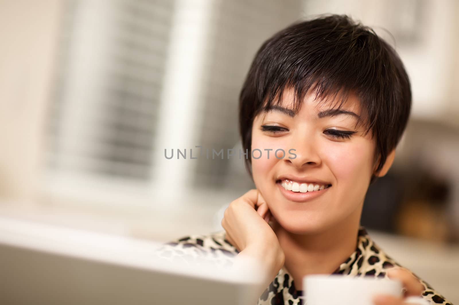 Pretty Smiling Multiethnic Woman Using Laptop by Feverpitched