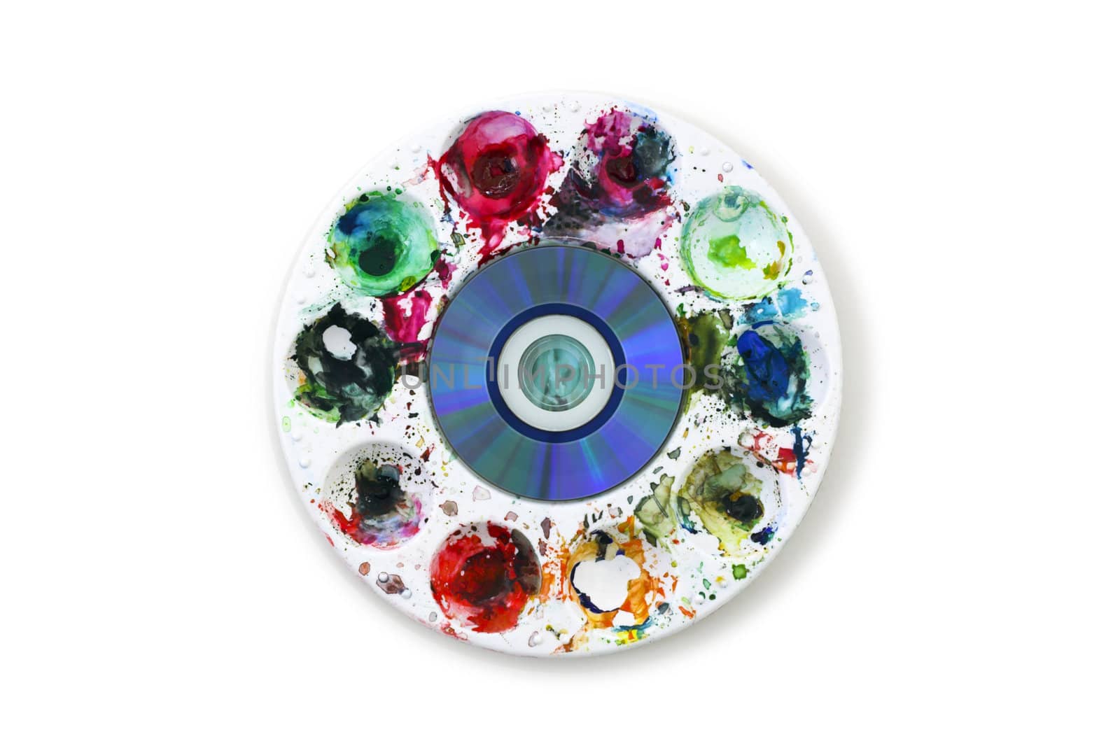 Computer compact disk, CD, positioned in the middle of the artists palette 