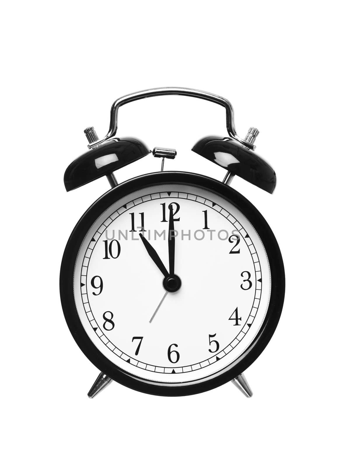 Alarm clock shows eleven o`clock isolated on white background
