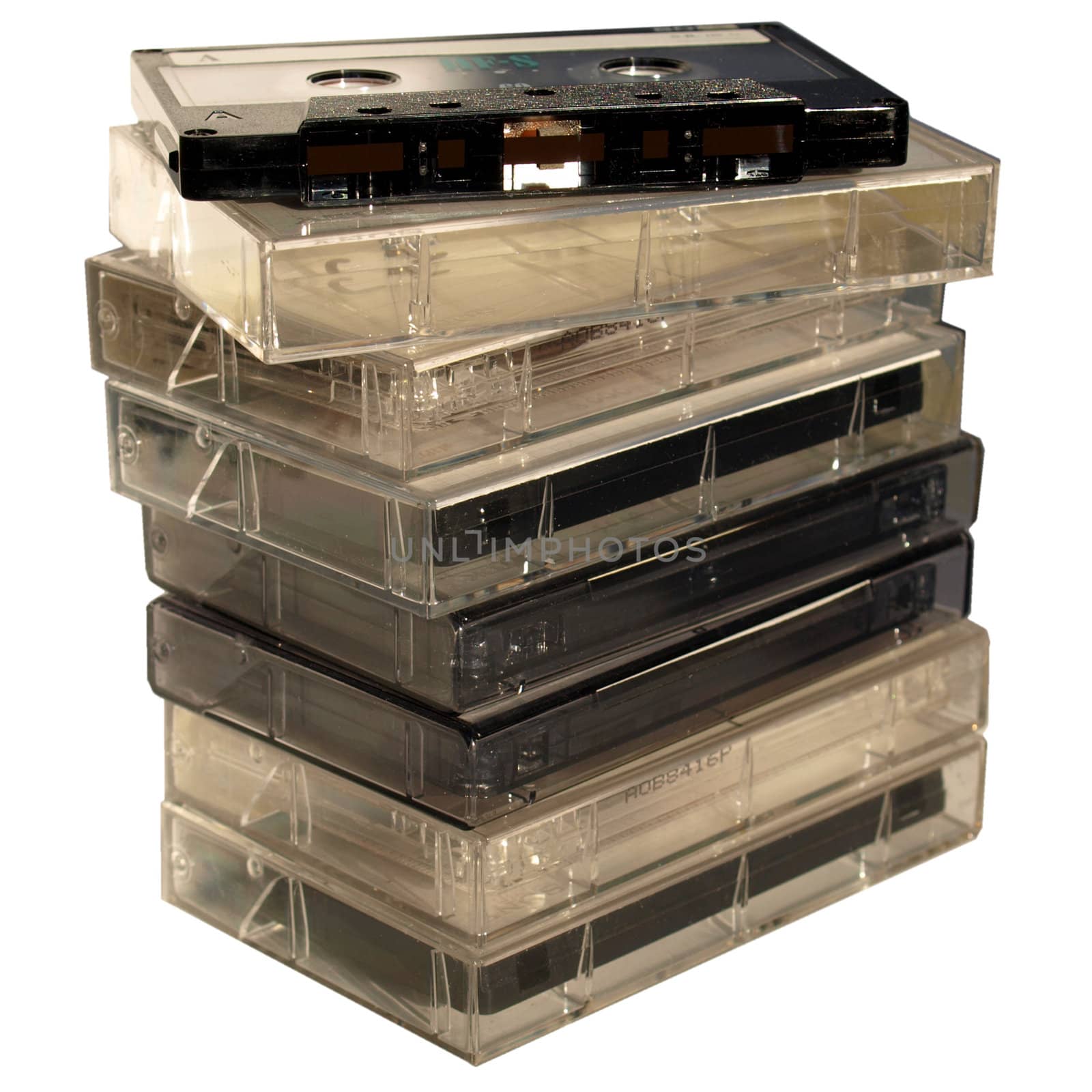 Pile of magnetic audio tape cassette for music