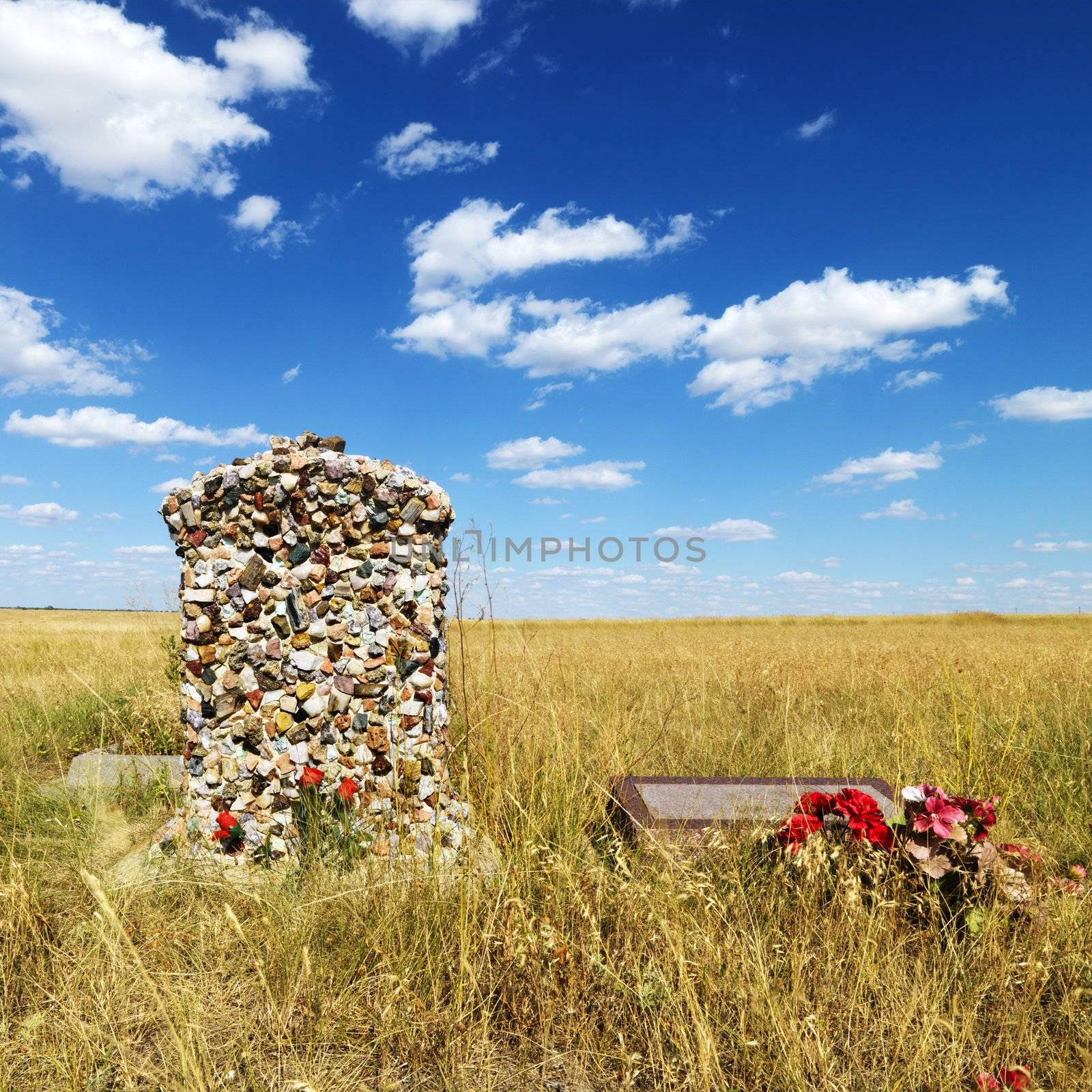 Headstone and grave marker in field.