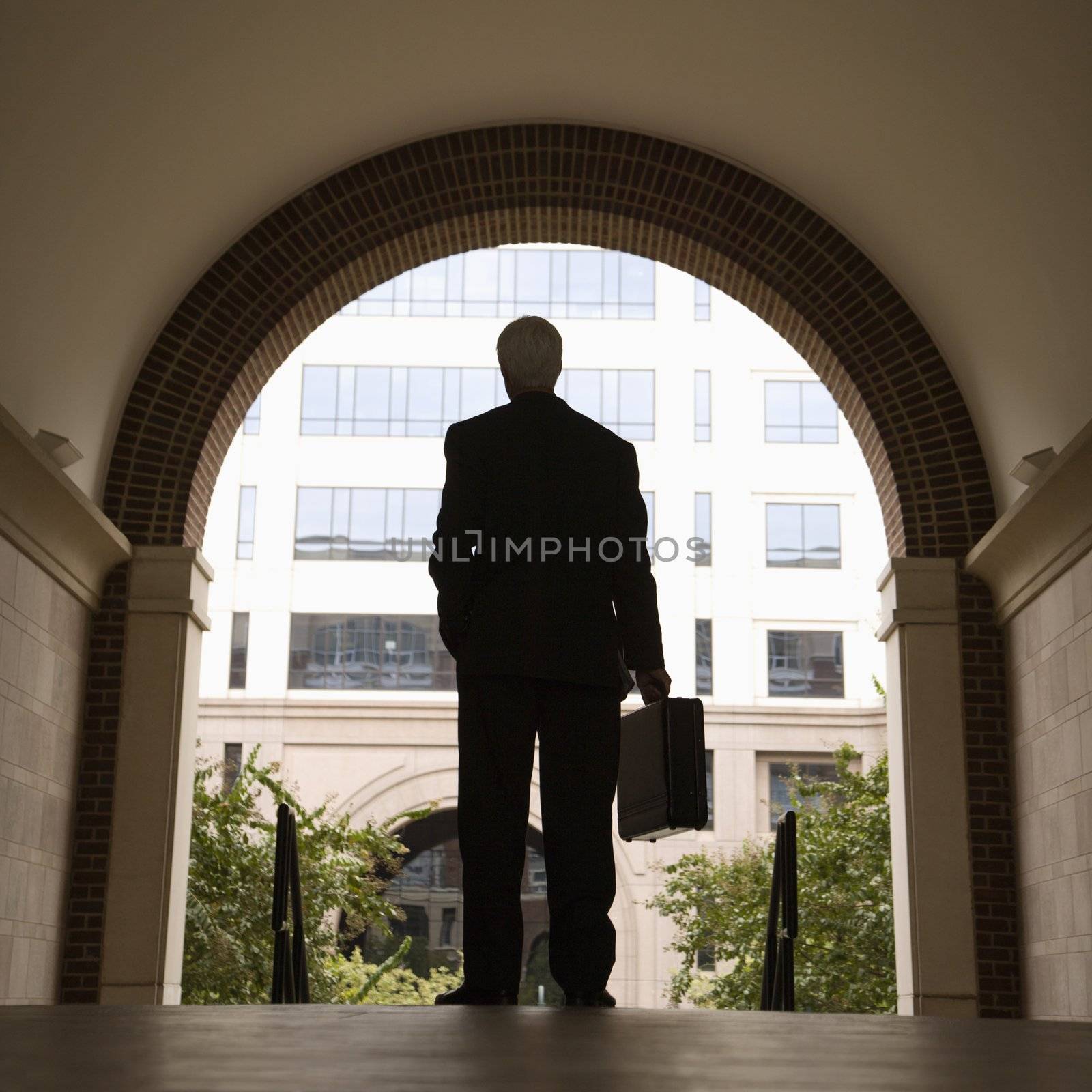 Caucasian middle aged businessman silhouette standing in archway holding briefcase.