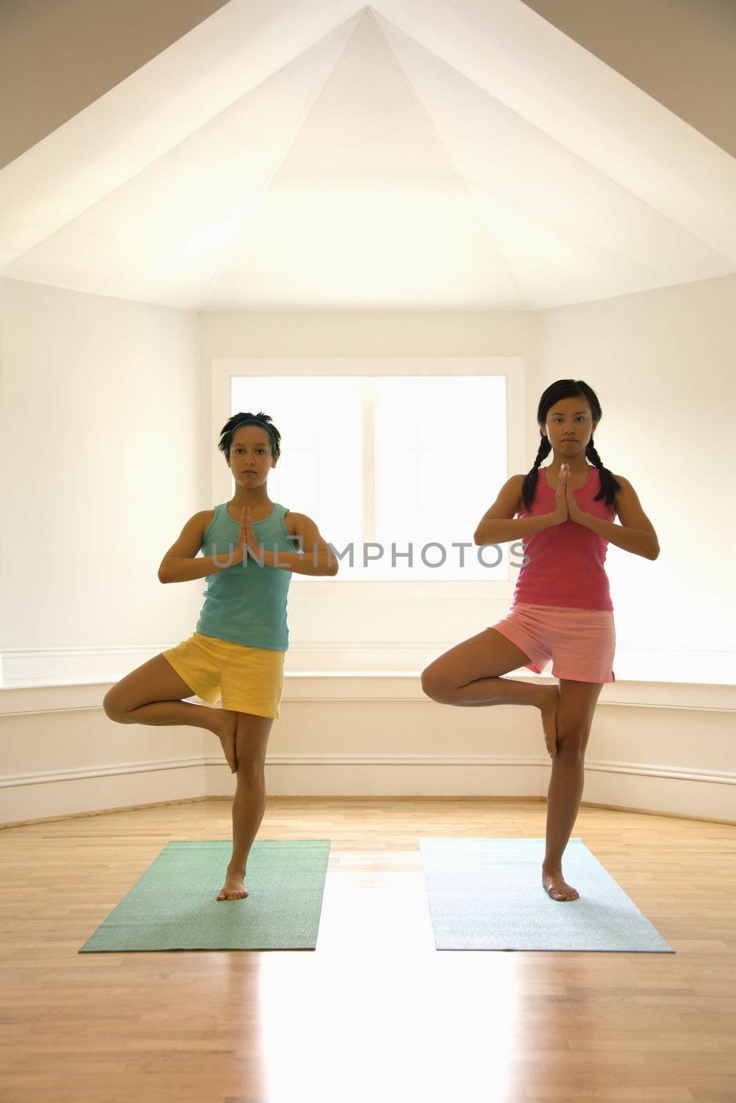 Two young women balancing doing yoga tree pose.