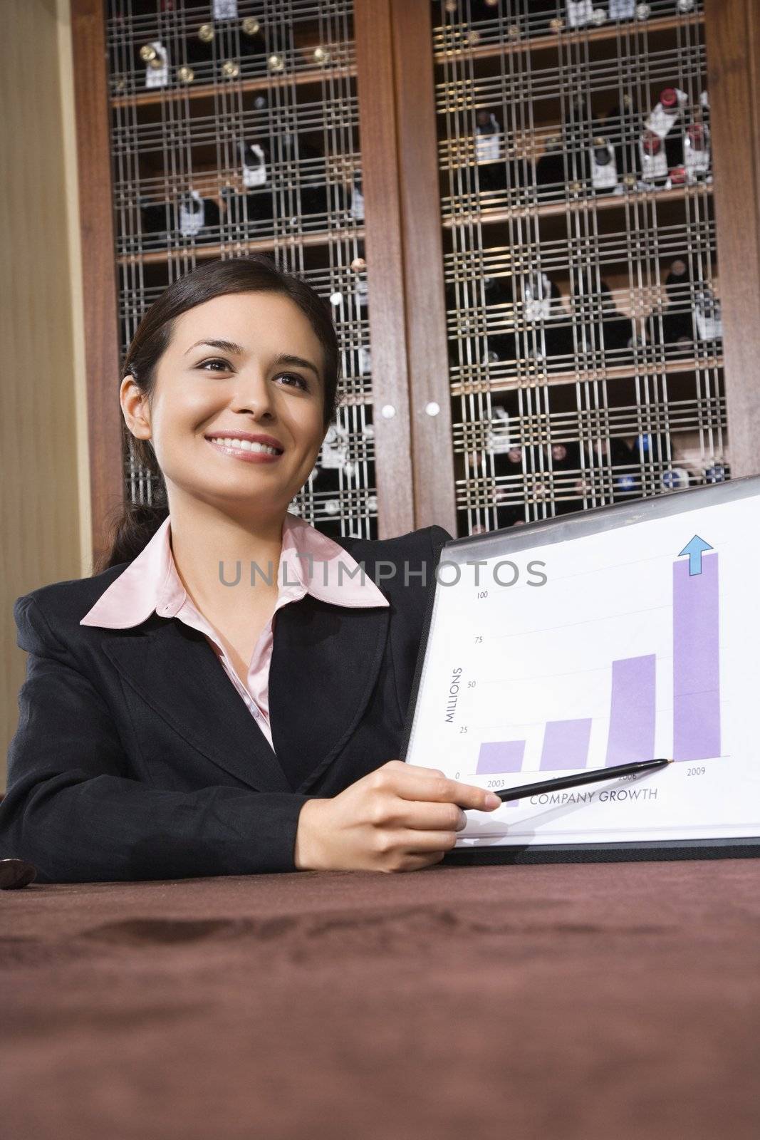 Pretty businesswoman smiling and pointing to bar graph.