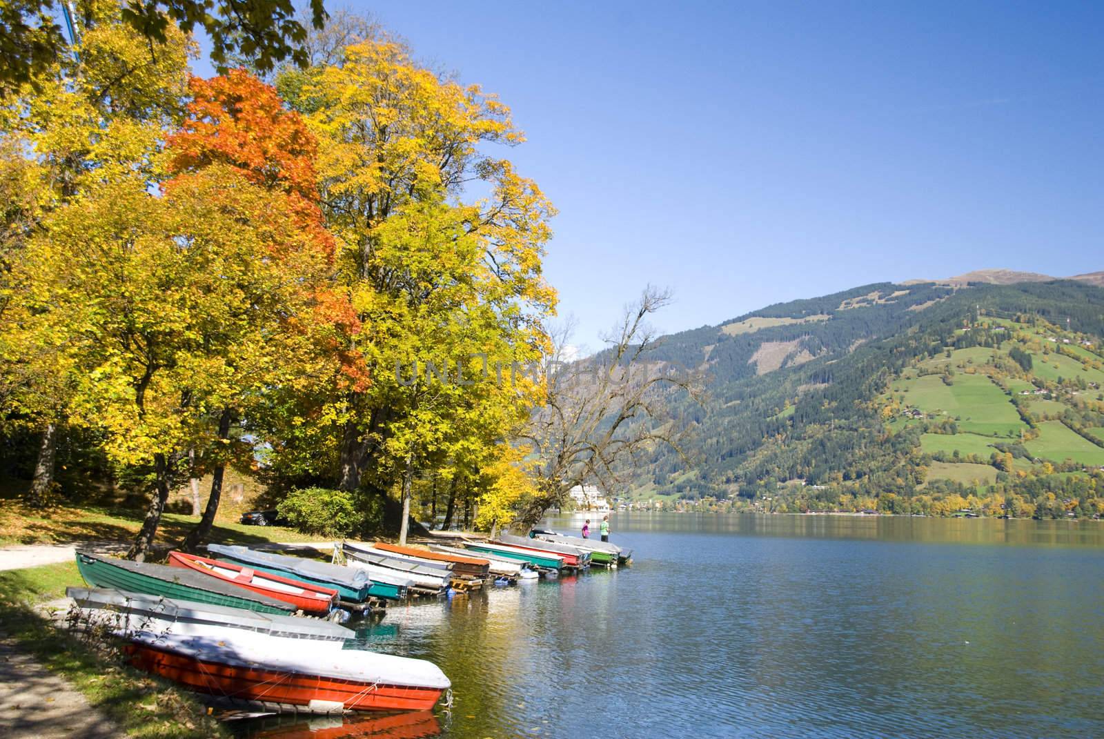 Boats on a beautiful autumn day in "Zell am See", Austria.