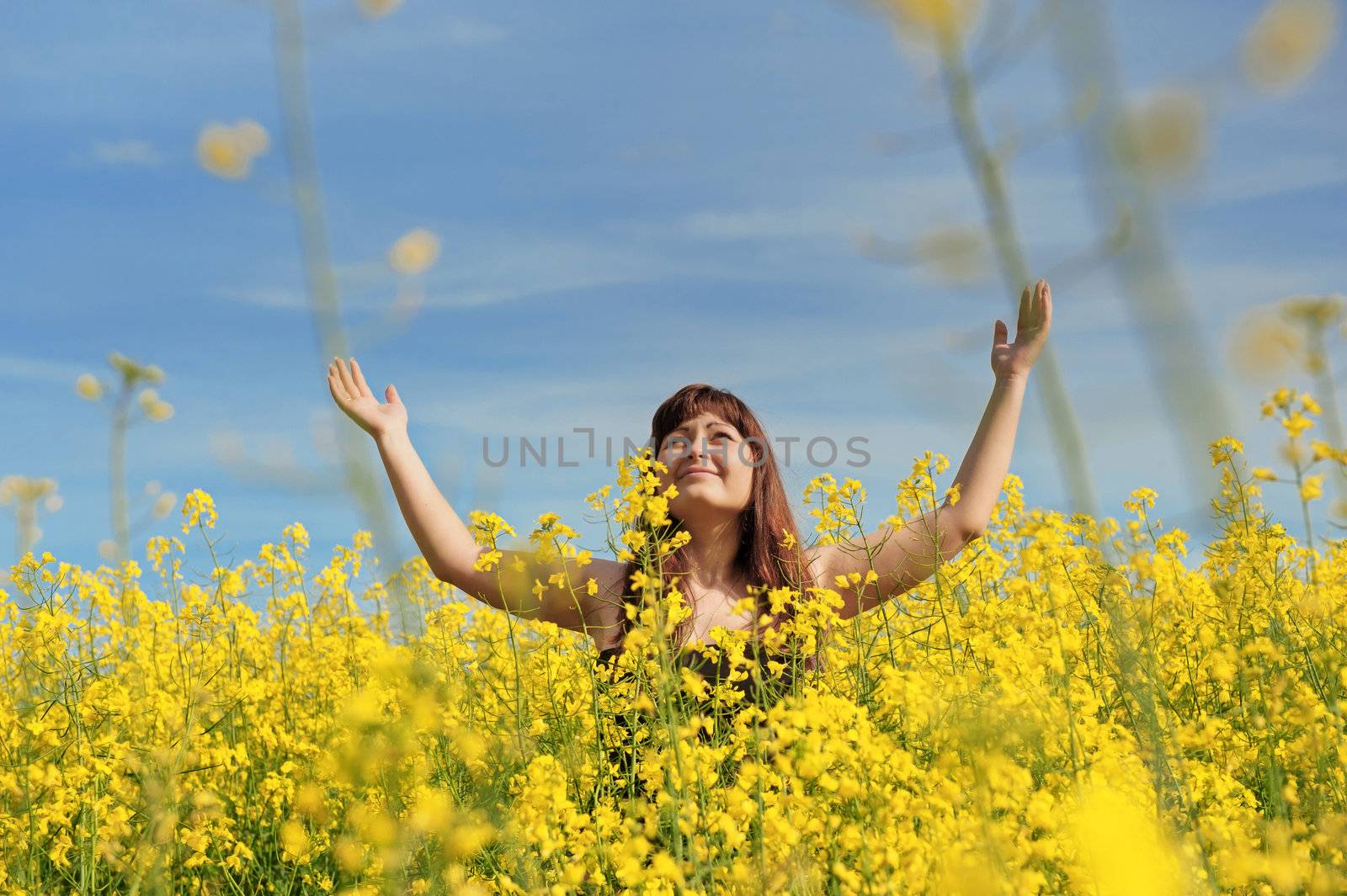 Young happy woman on summer day in the flower meadow and blue sky at the background.
