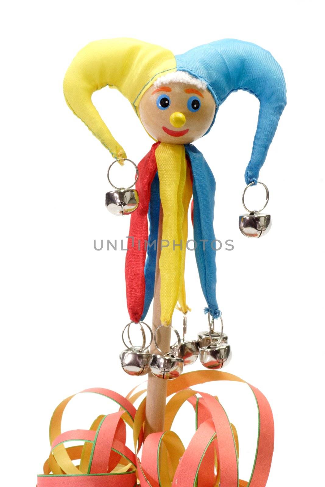 Colorful jester puppet with bells - isolated on white background