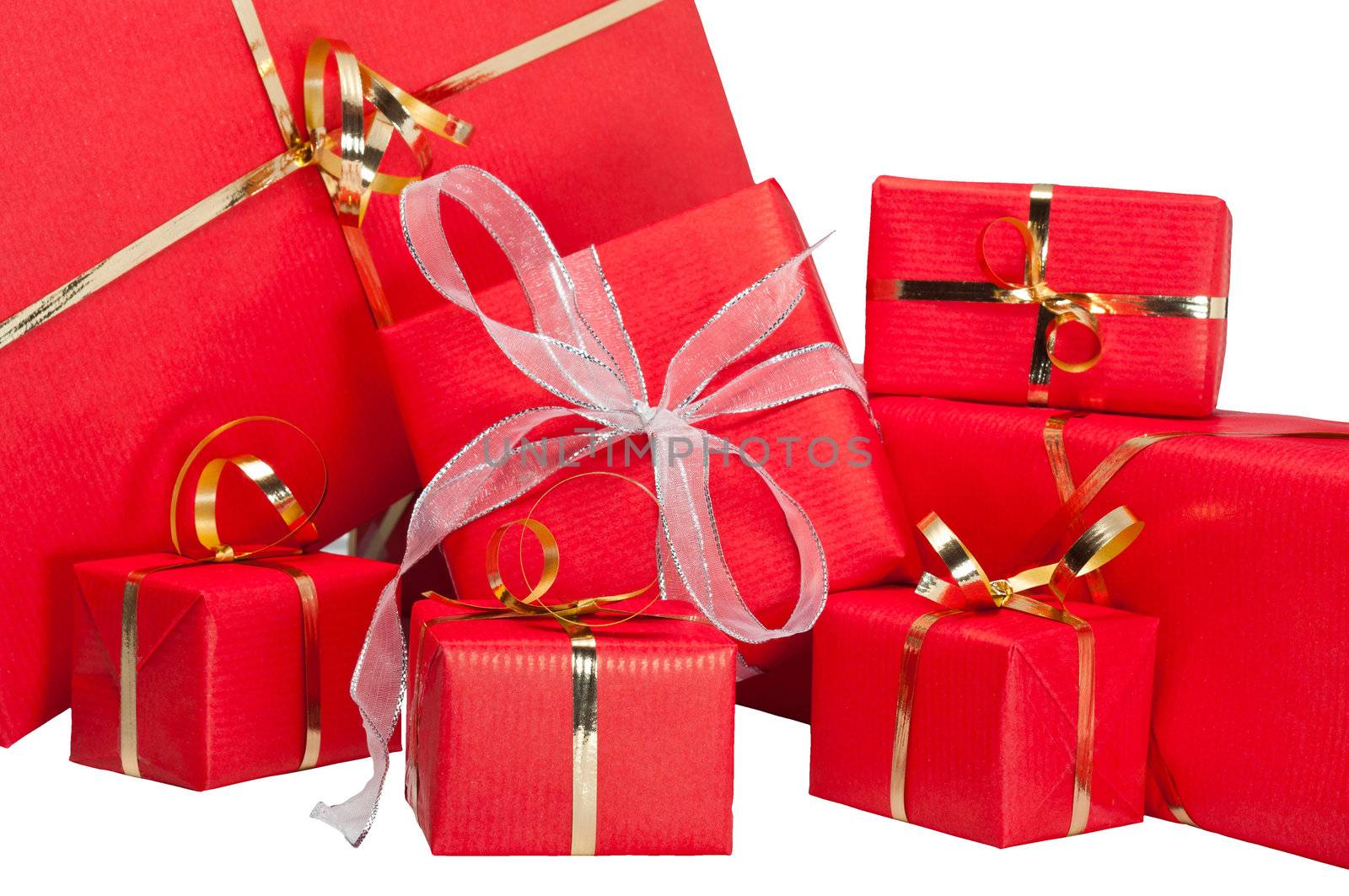 Red and gold gift boxes isolated on white