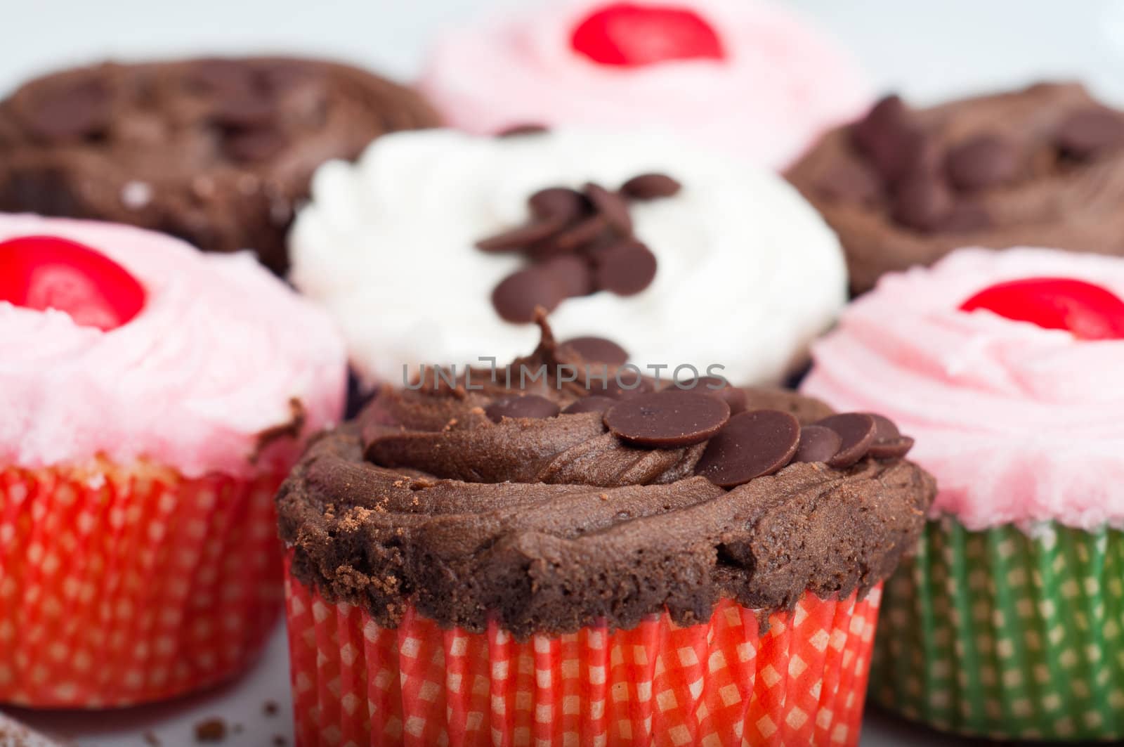 Close-up of a plate of delicious colorful cupcakes on a white plate