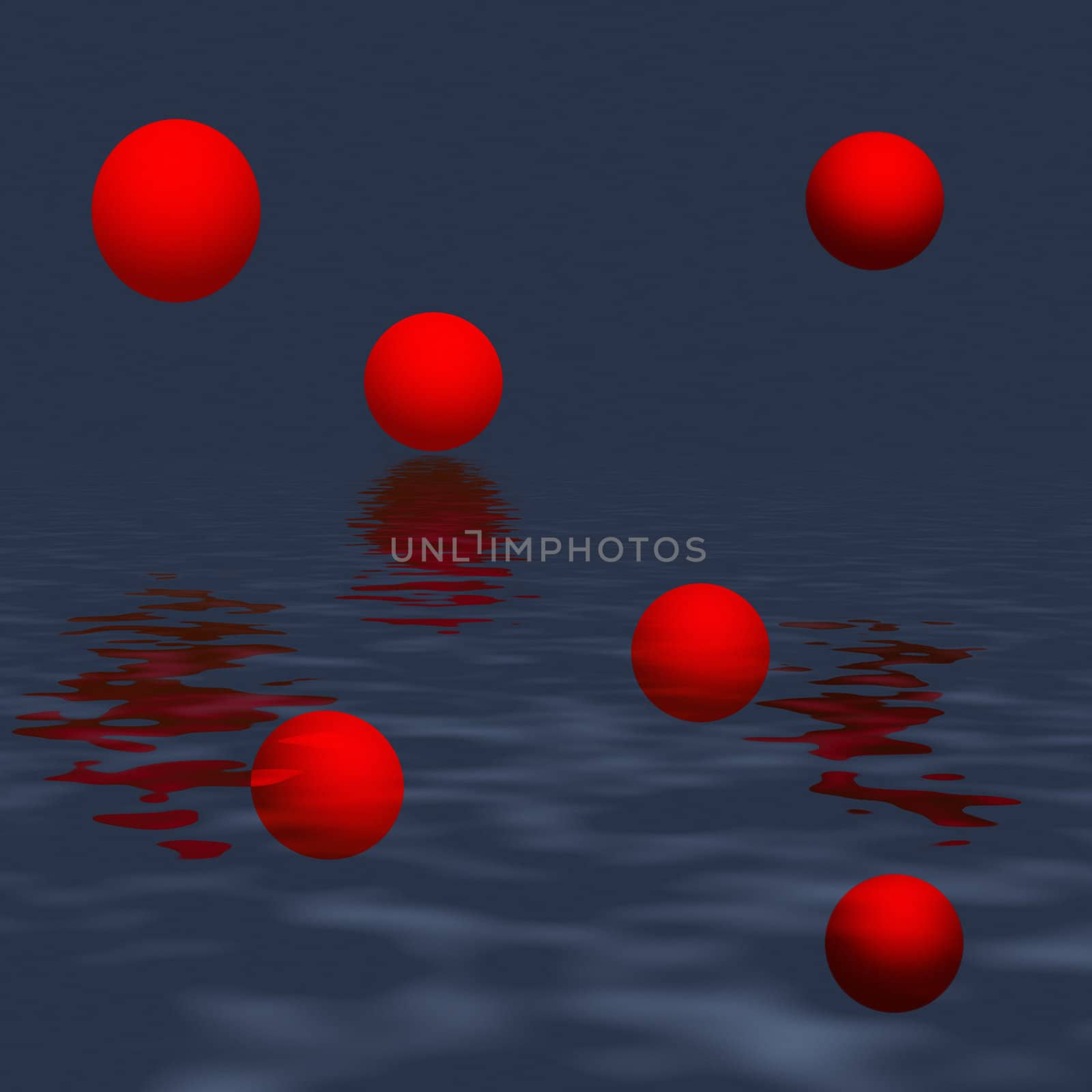 Abstraction. Flying spheres above a liquid surface.