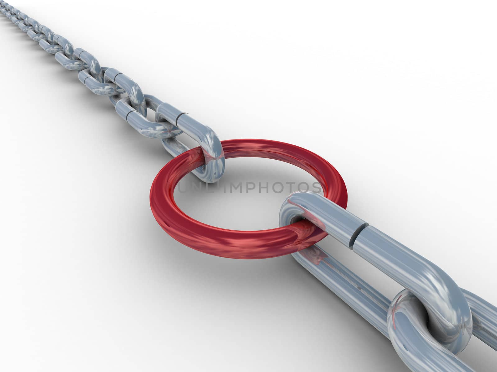 Chain fastened by a red ring. 3D image.