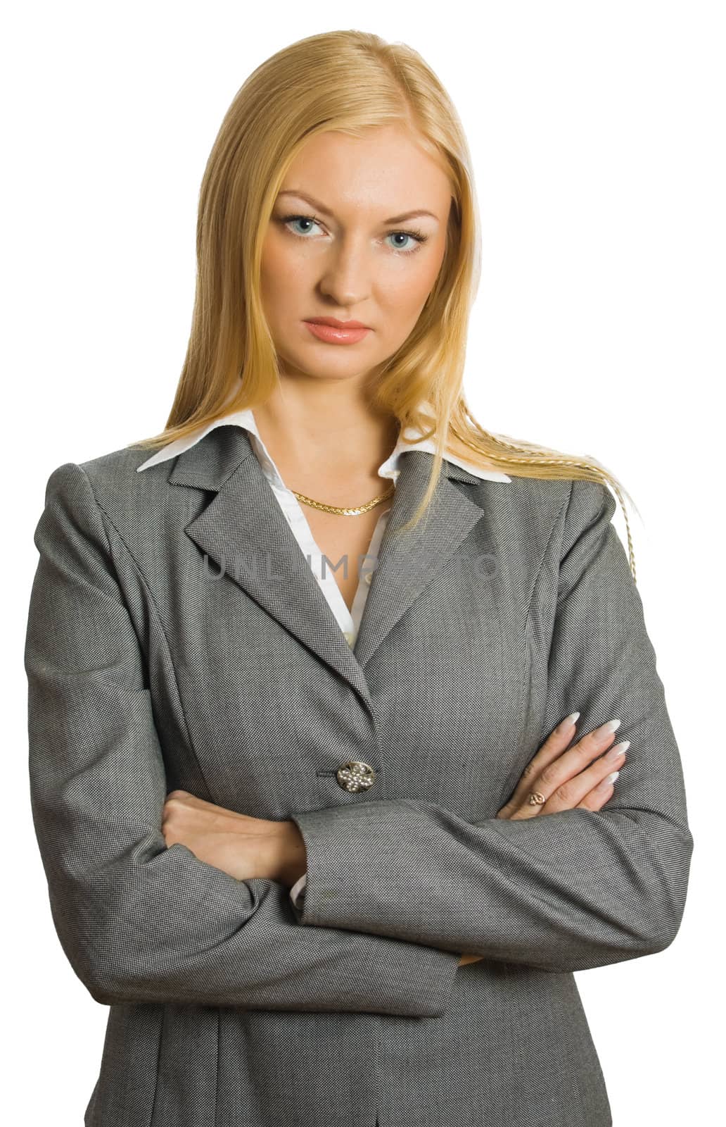 businesswoman fold her arms isolated over white with clipping path