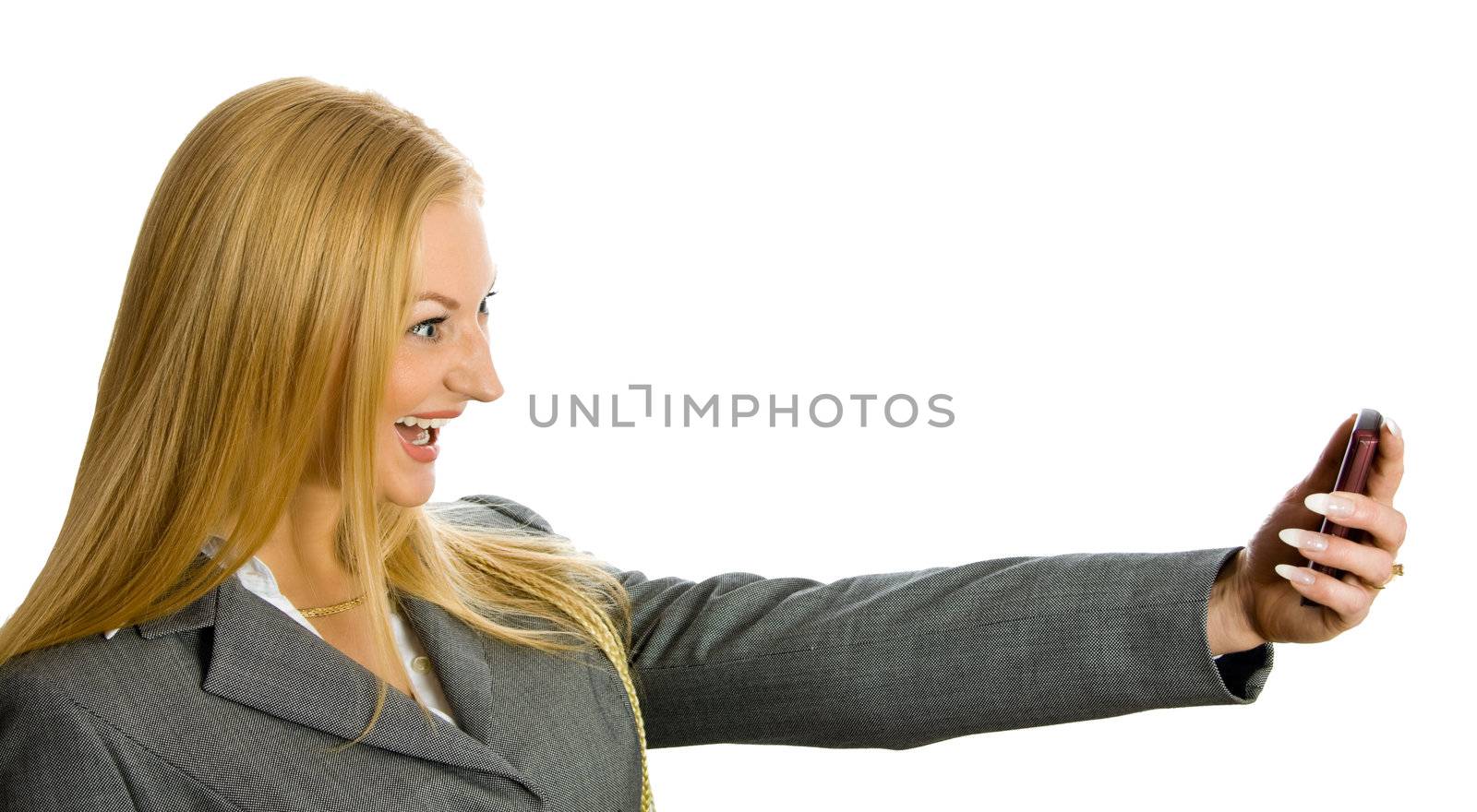 portrait of crazy blonde with a mobile phone isolated over white with clipping path