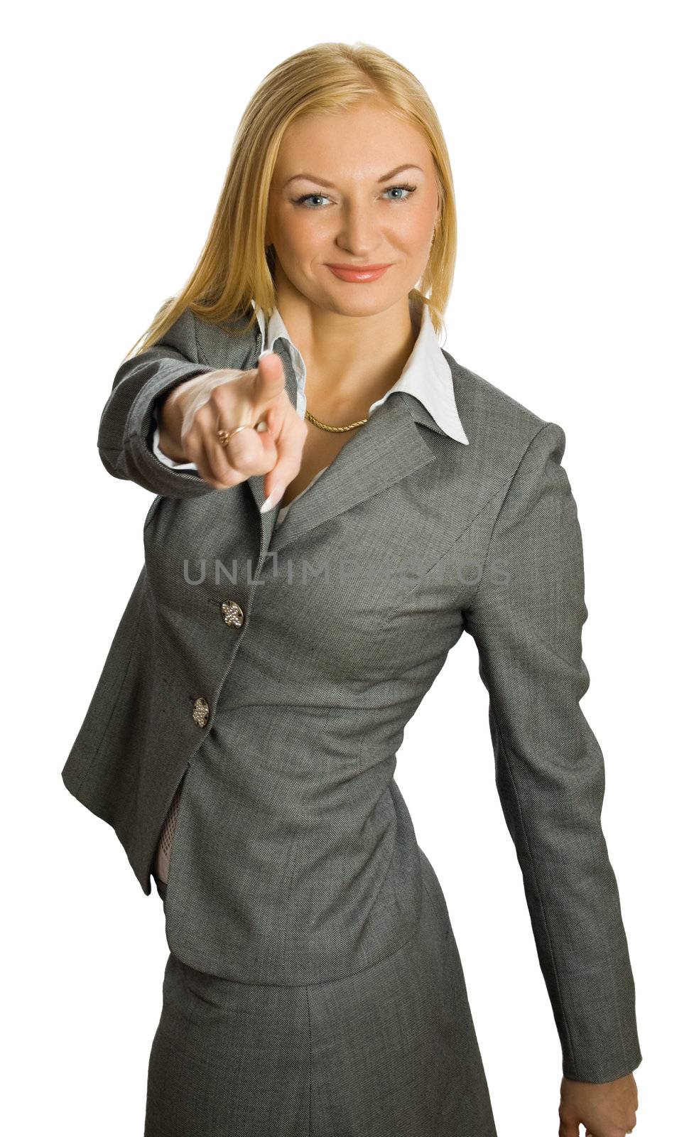 portrait of pretty blonde pointing at you isolated over white with clipping path