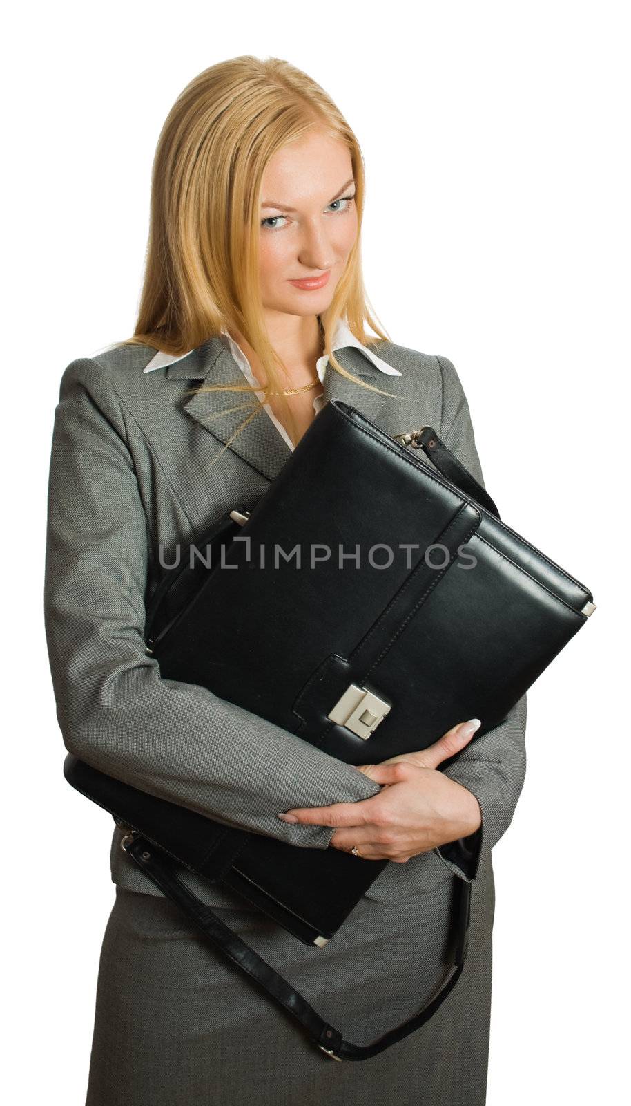 portrait of pretty blonde with a case isolated over white with clipping path